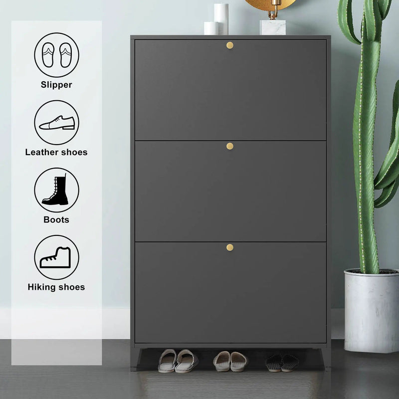 3 Drawer All Steel Shoe Cabinet, Freestanding Storage Organizer With Flip Door by Unique Piece Furniture