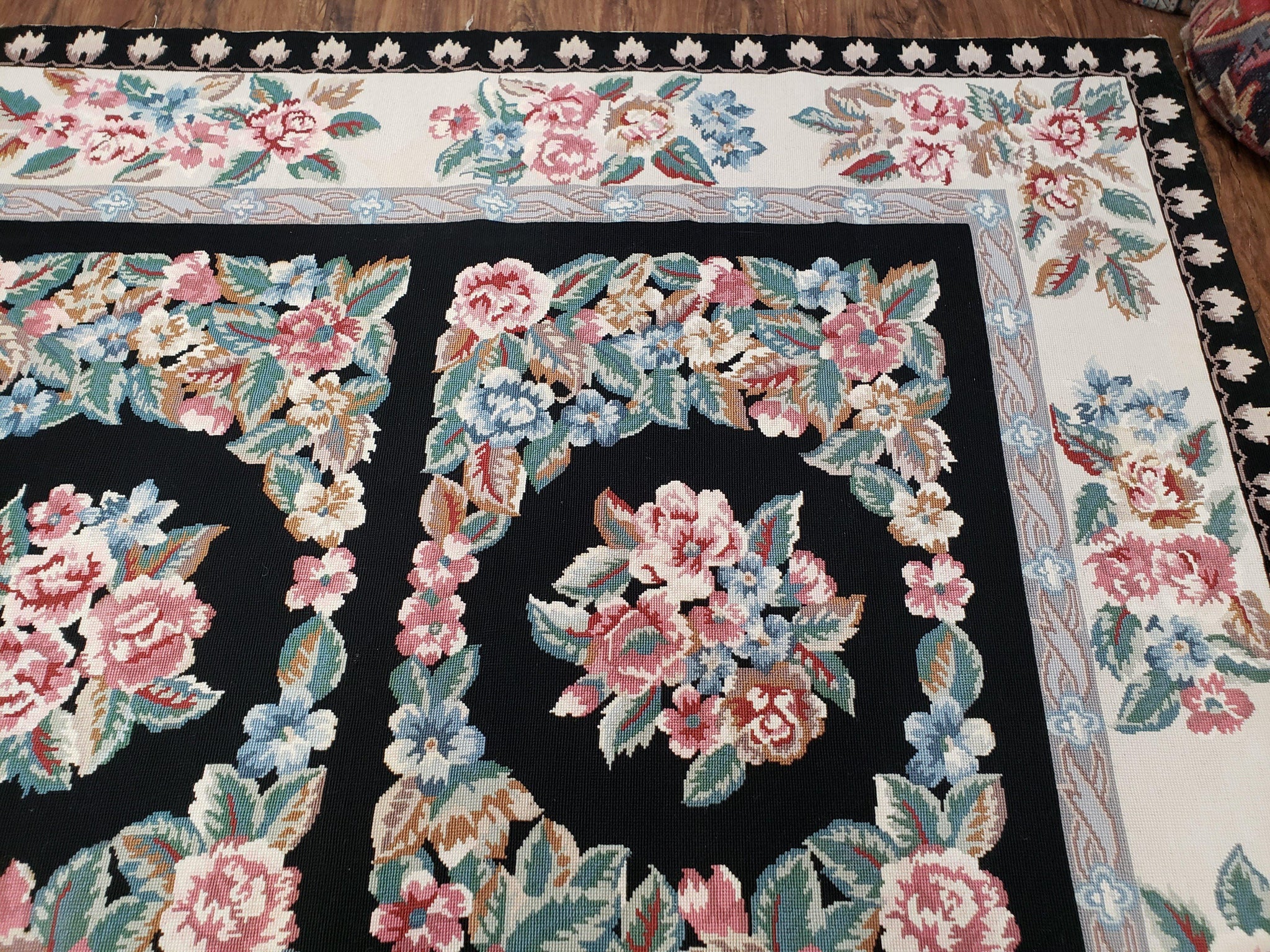 Floral Needlepoint Rug 9.5 x 13.6, Floral Panel Design, Black and Ivory Flatweave Aubusson Carpet, Multicolor by Jewel Rugs