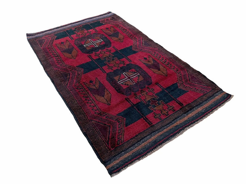 2' 10" X 4'6" Vintage Handmade Tribal Wool Rug Balouchi Rug Afghan Rug Red Black by Jewel Rugs