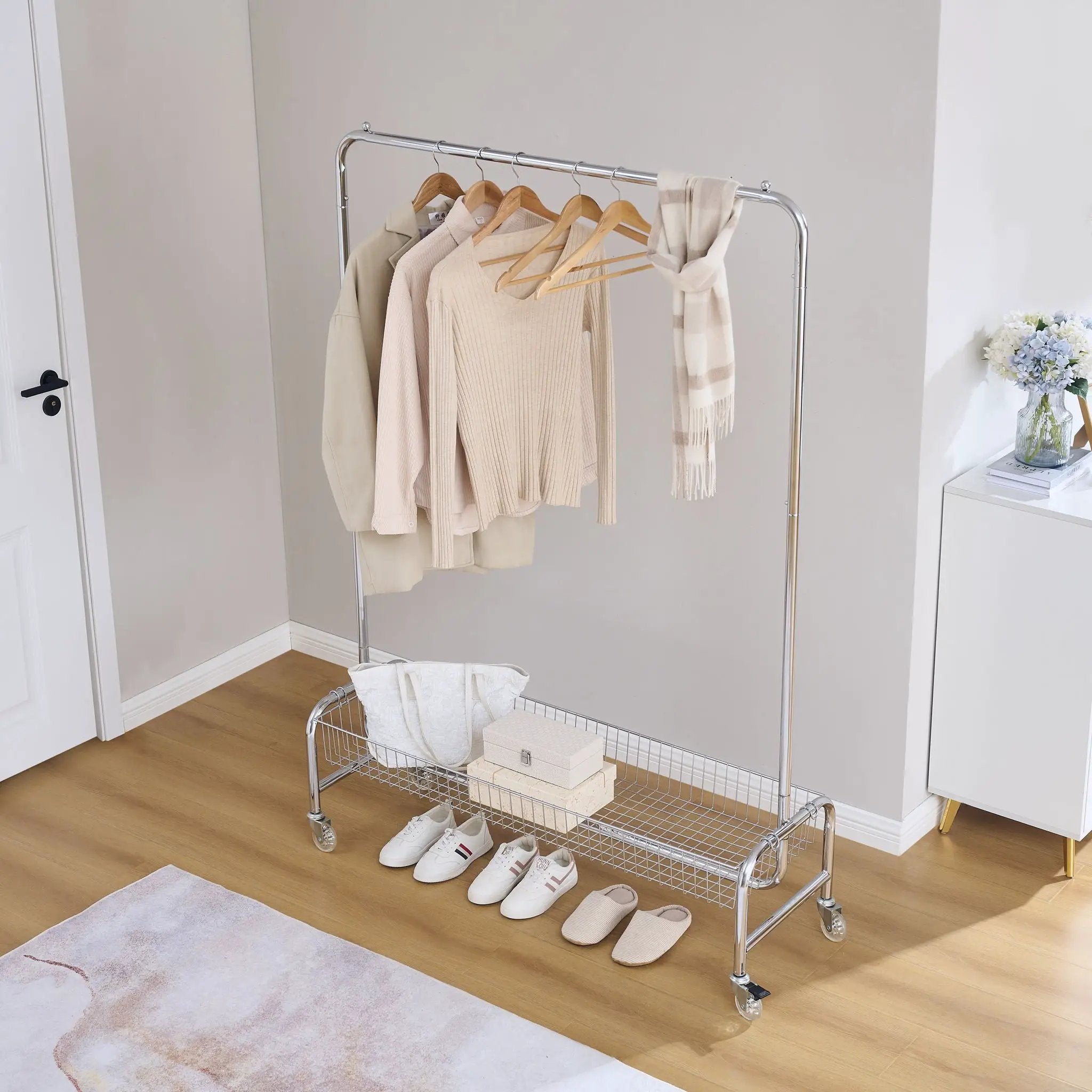 Heavy Duty Iron Garment Rack With Basket On Wheels - Silver by HouseOfZazla