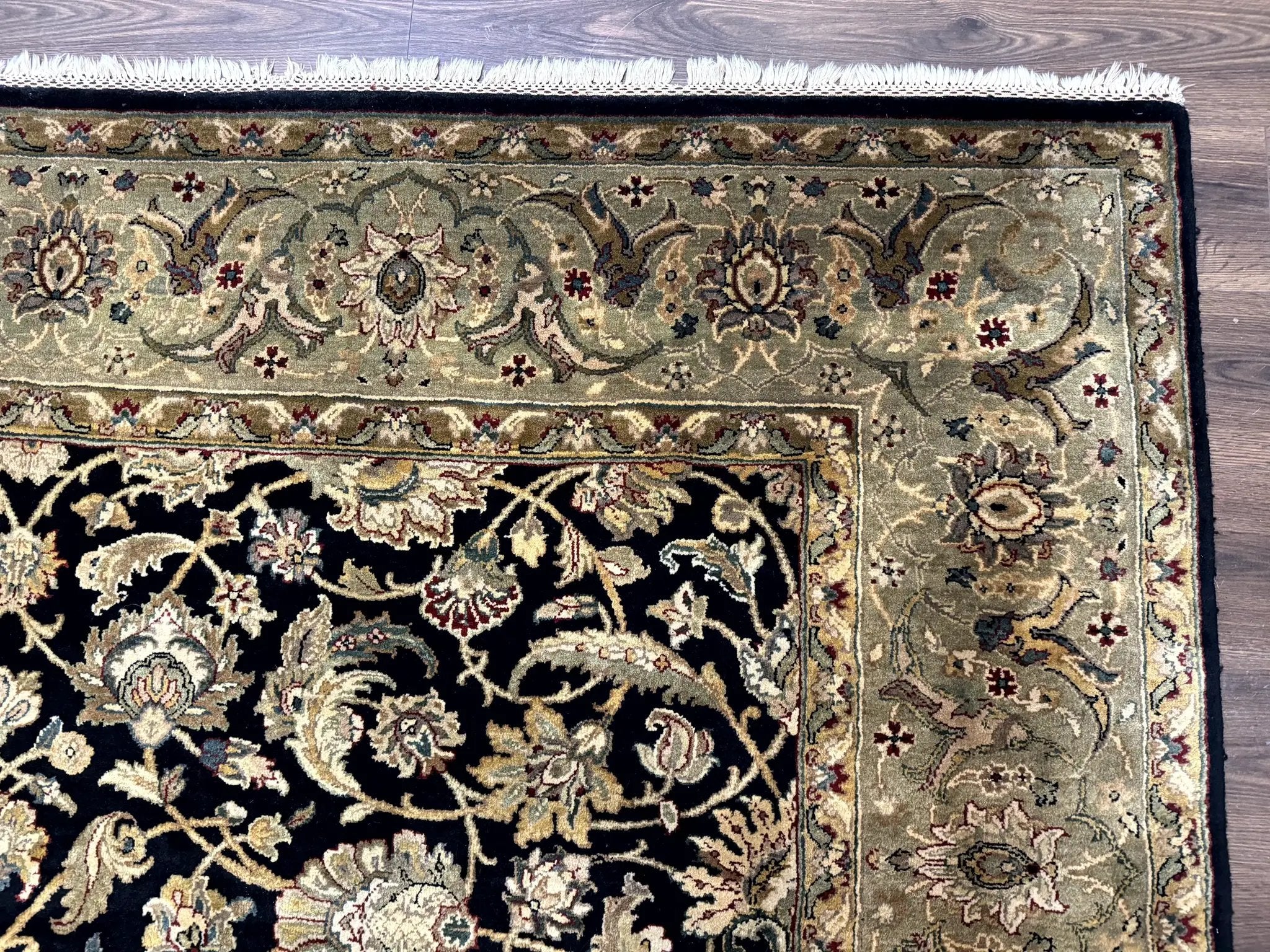 Indo Persian Rug 8x10, Black and Green, Wool, Handmade, Traditional, Floral Allover, Vintage by Jewel Rugs