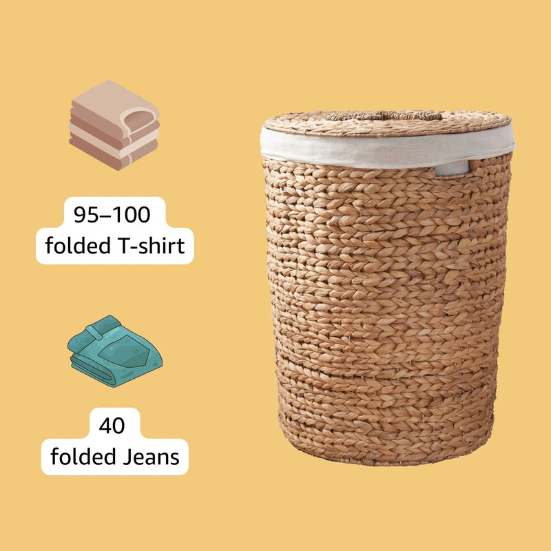 Ludmilla Round Tall Water Hyacinth Woven Wicker Laundry Hamper With Lid - For Clothes, Toys And Book Storage With Removable Liner - 18" X 18" X 23" - Natural Brown by Unique Piece Furniture