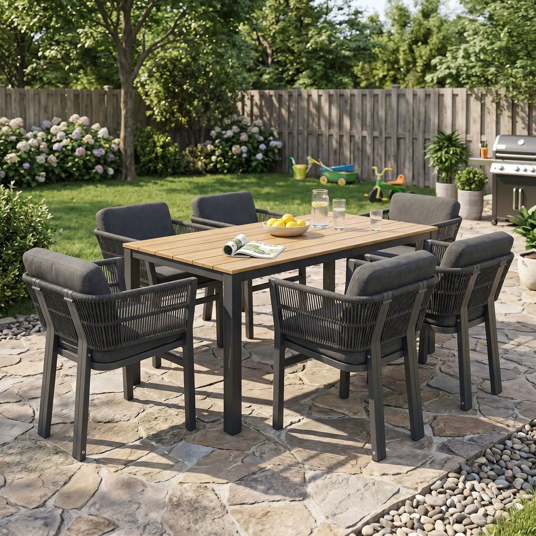 7 Piece Outdoor Dining Set With Table And 6 Chairs - Black / Teak / Gray by HouseOfZazla