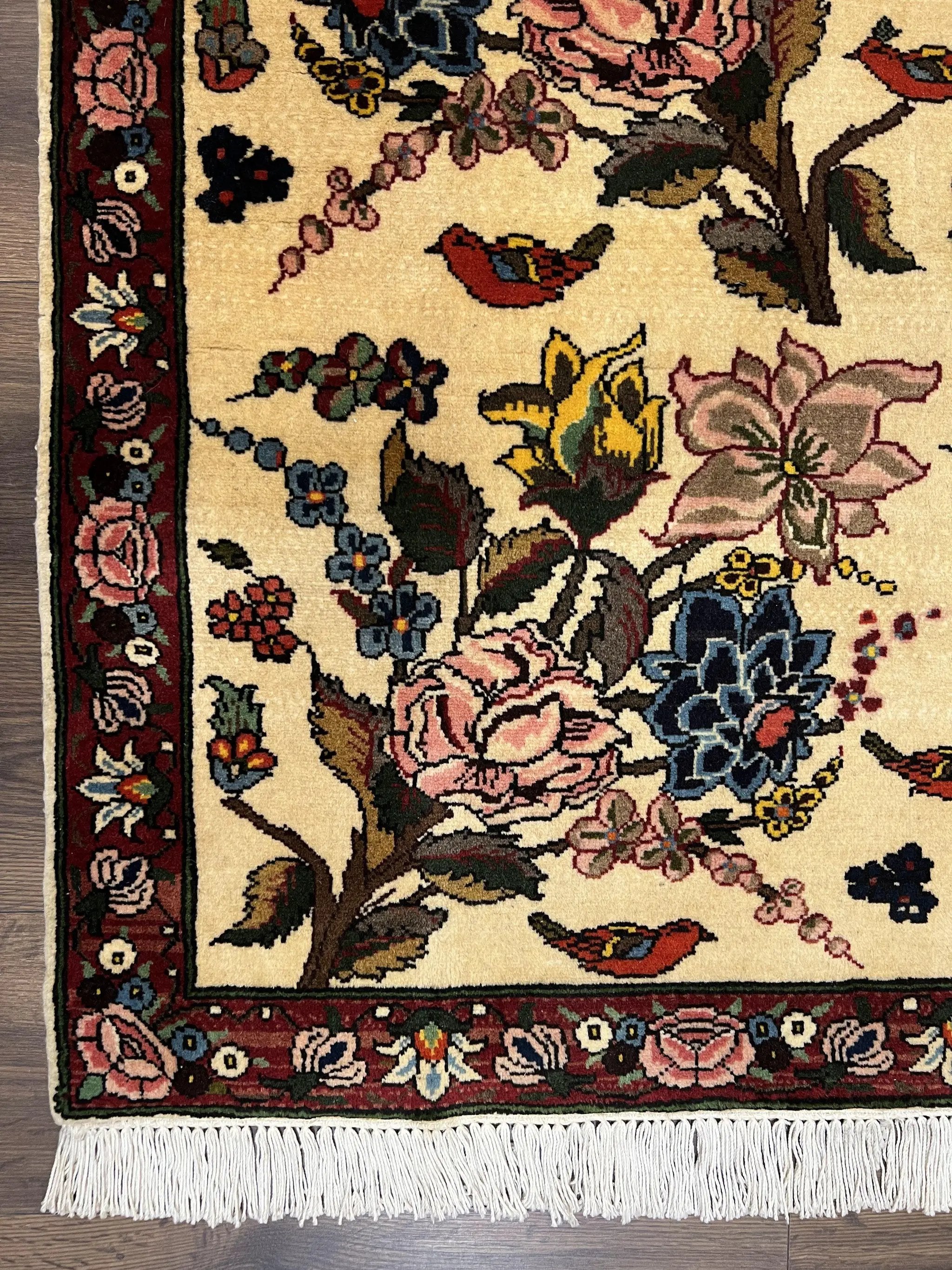 Persian Bidjar Rug 3.6 x 5 ft, Repeated Floral Motifs, Roses and Birds, Cream Burgundy, Fine Wool Oriental Bijar Carpet, Vintage Traditional Area Rug by Jewel Rugs
