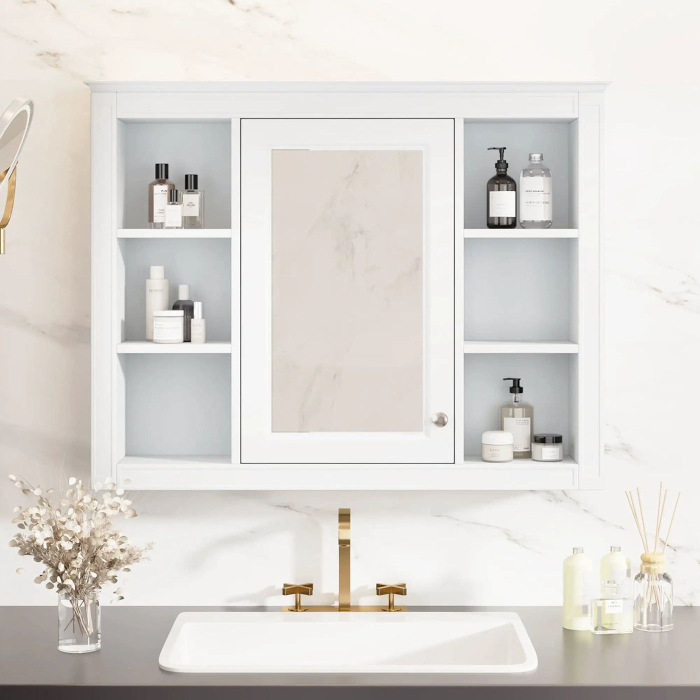 Wall Mounted Medicine Cabinet With Mirror, Storage Cabinet Featuring 6 Open Shelves And Adjustable Interior by HouseOfZazla