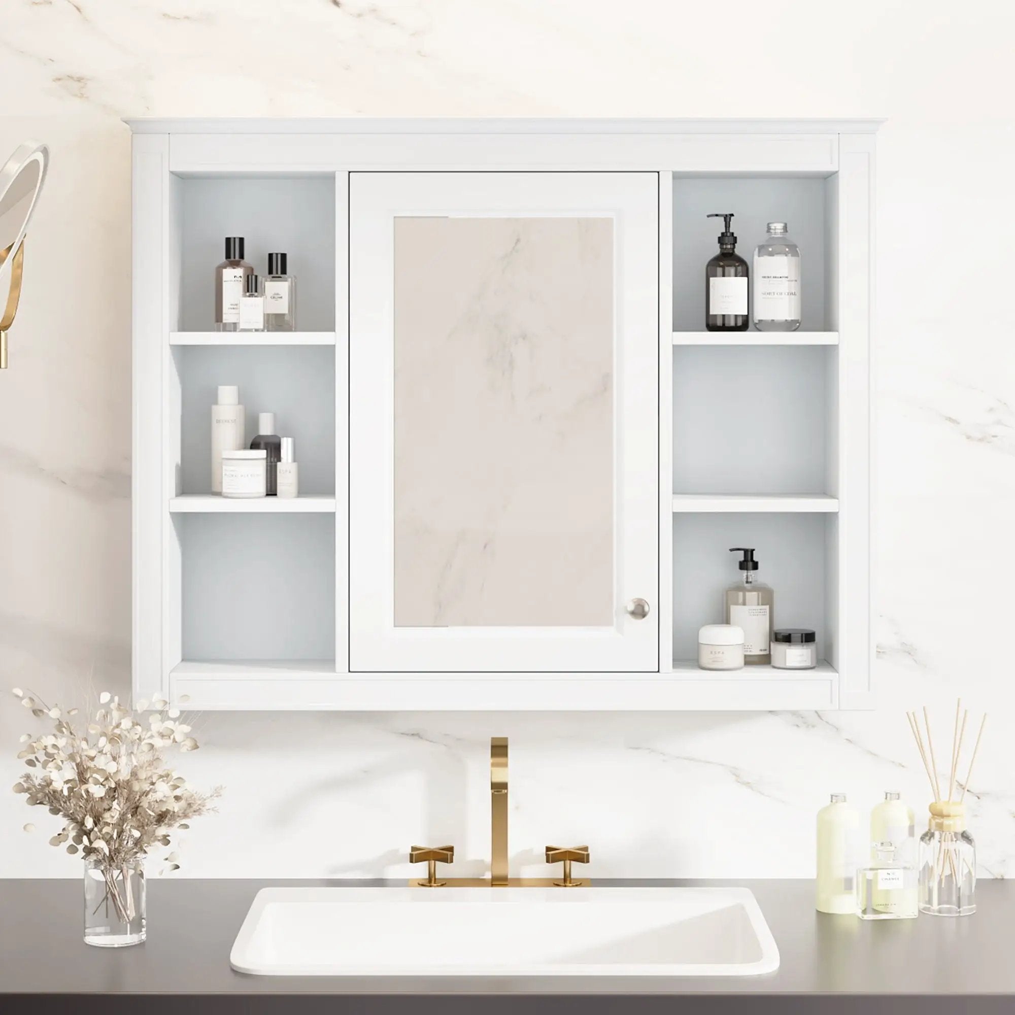 Wall Mounted Medicine Cabinet With Mirror, Storage Cabinet Featuring 6 Open Shelves And Adjustable Interior by HouseOfZazla
