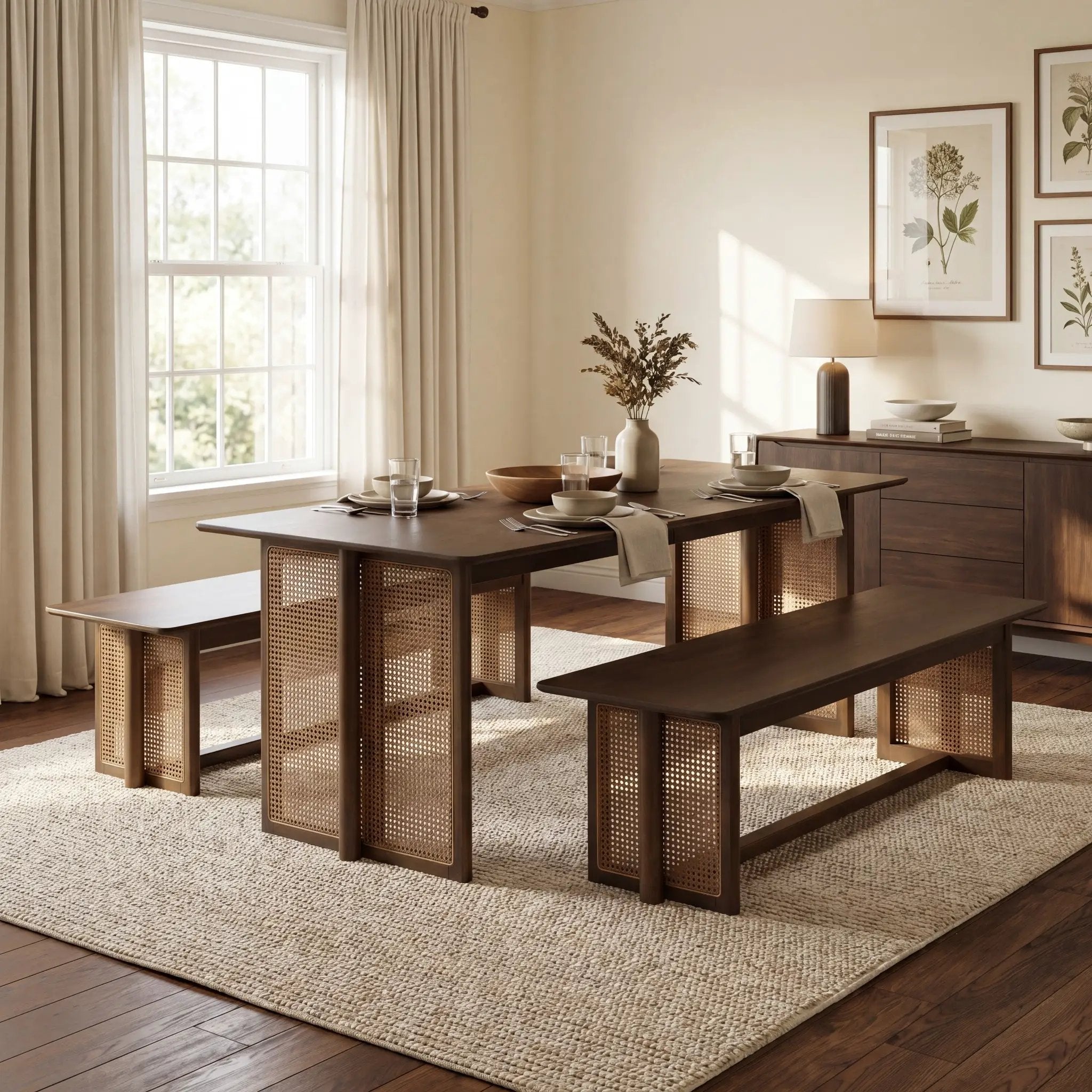 Walnut-Colored Rubber Wood Dining Set with Plastic Rattan by HouseOfZazla