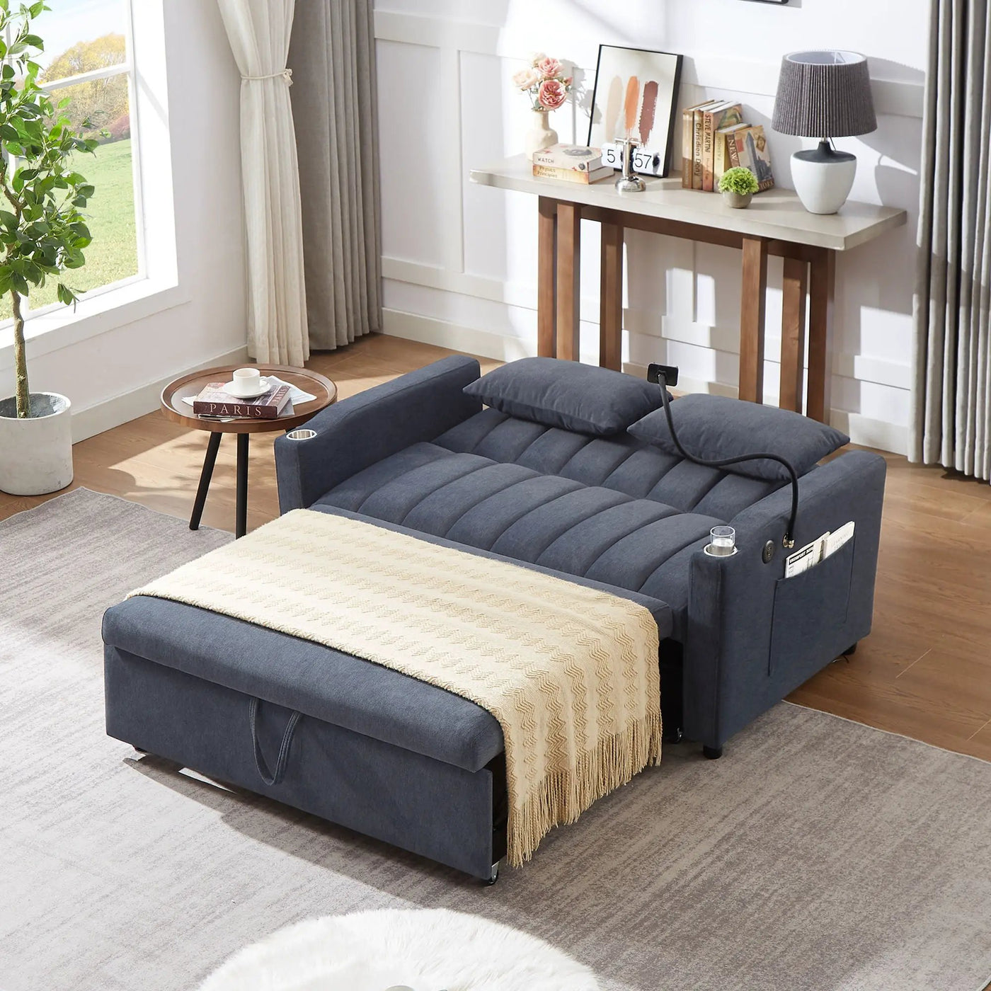 Convertible Sofa Bed Loveseat Sofa With Three USB Ports, Two Side Pockets, Two Cup Holders And 360° swivel Phone Holder For Living Room by HouseOfZazla