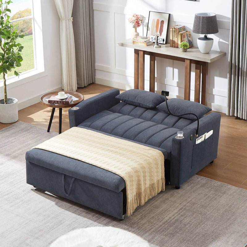 Convertible Sofa Bed Loveseat Sofa With Three USB Ports, Two Side Pockets, Two Cup Holders And 360° swivel Phone Holder For Living Room by HouseOfZazla