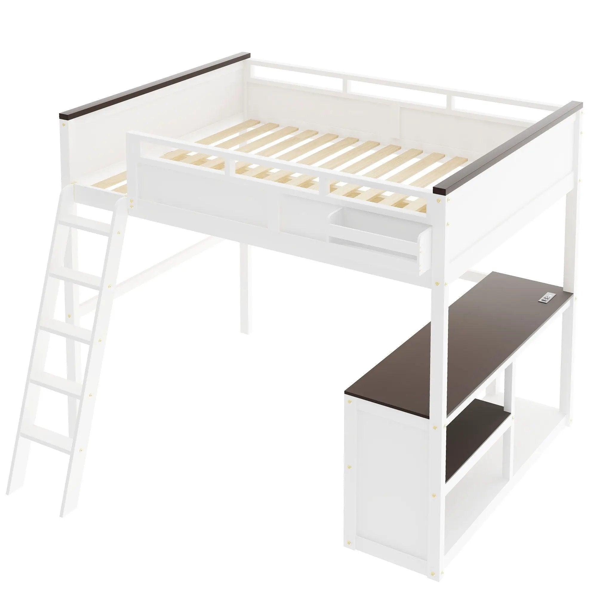 Queen Size Loft Bed With Desk, Open Shelf, Storage Box And USB Charging Station - White by HouseOfZazla