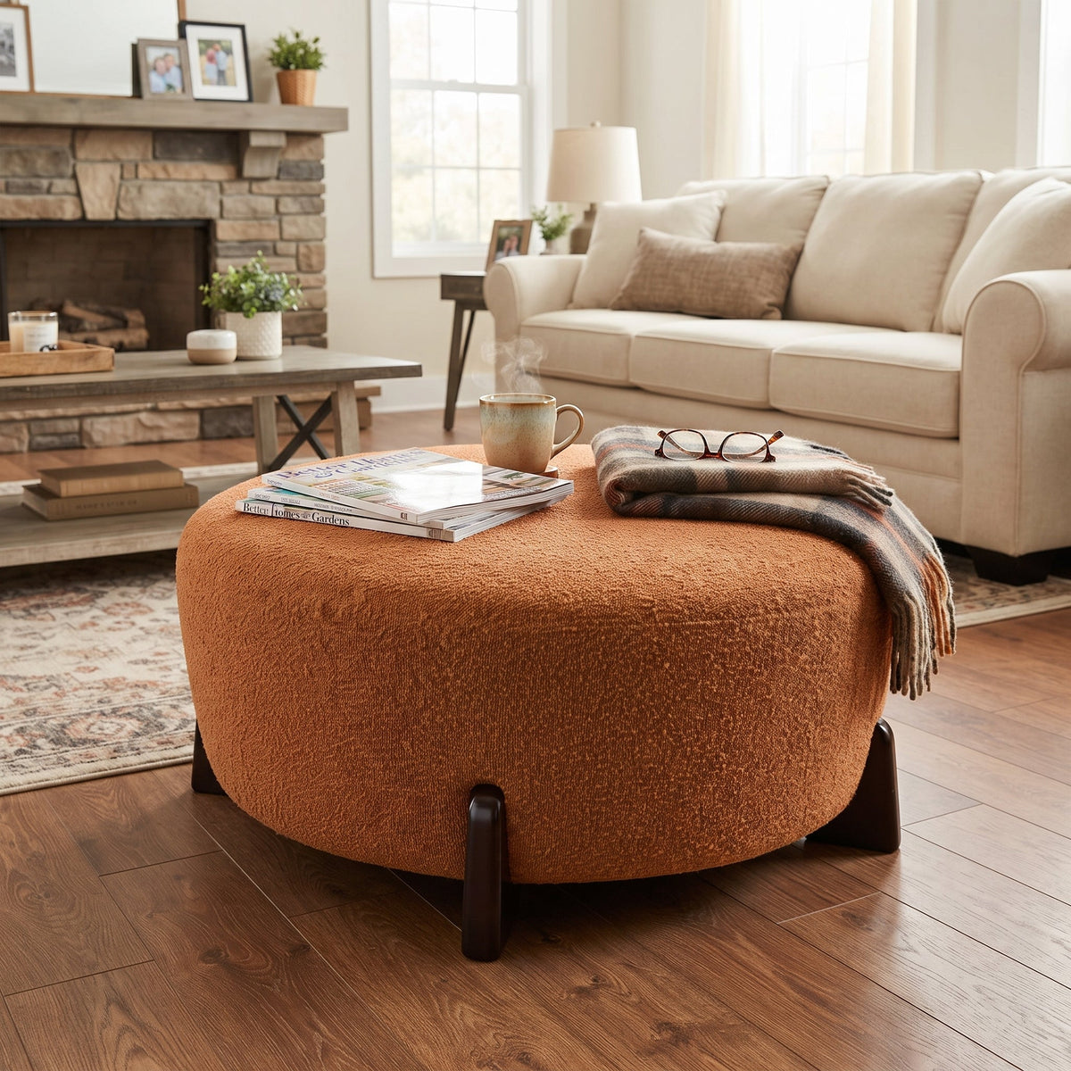 Boucle Round Ottoman with Splayed Rubber Wood Legs - Pumpkin