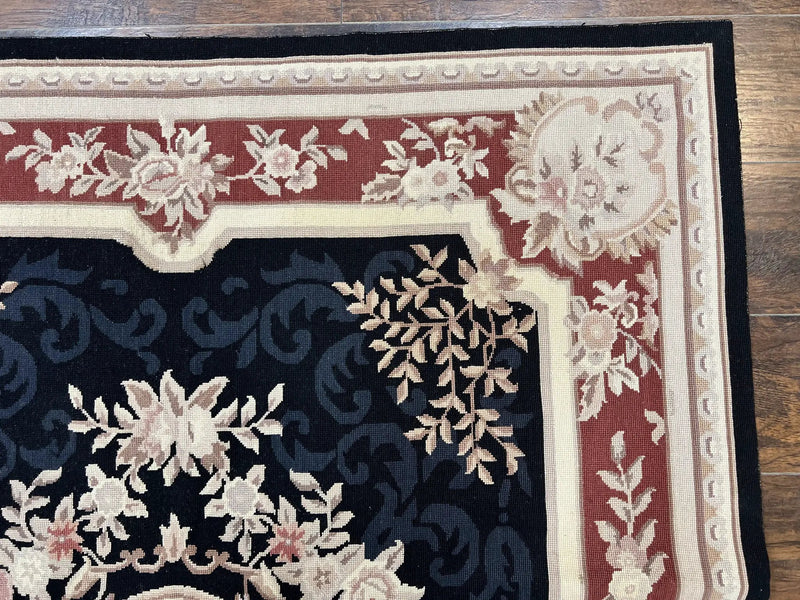 Needlepoint Rug 5x8, Wool Handmade Vintage European Design Carpet, Black & Maroon, French Aubusson Pattern Flatweave Rug by Jewel Rugs