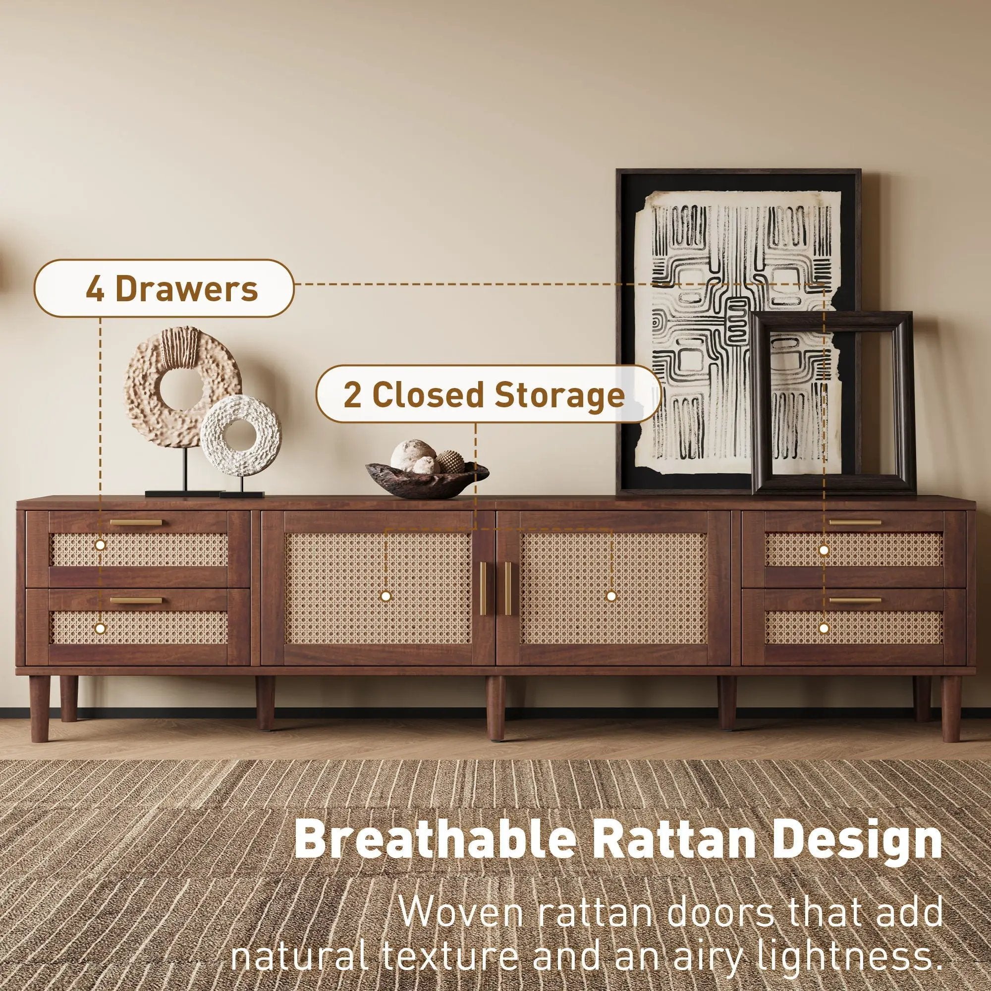 TV Stand, Media Console With 4 Drawers, Soft Closing Hinges - Dark Brown