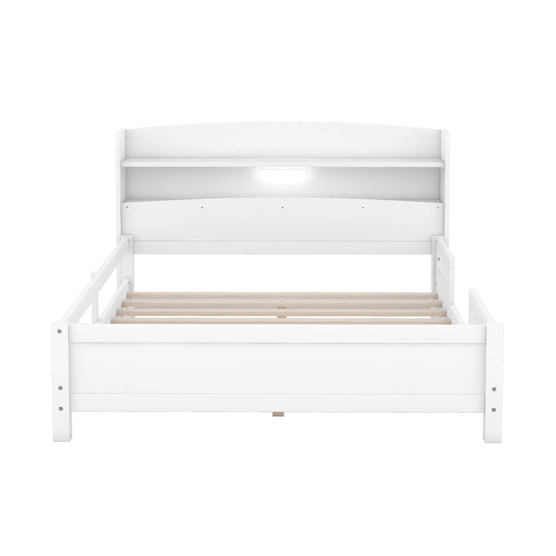 Wood Platform Bed With Built In LED Light, Storage Headboard And Guardrail