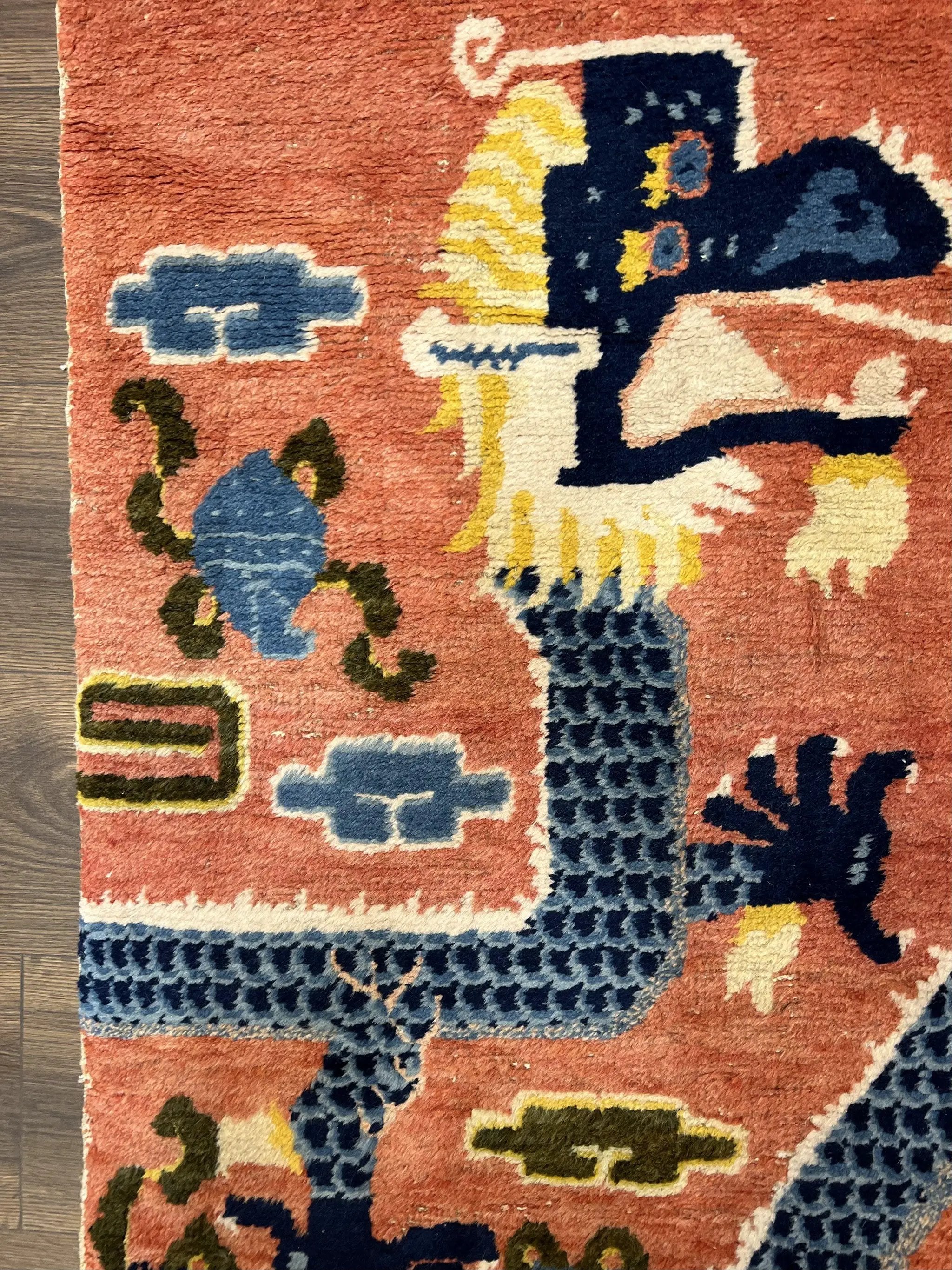 Rare Chinese Ningxia Pillar Rug 3x8, Late Qing Dynasty, 5 Clawed Dragon, Cloud Rainbow Border, Collectible Antique Carpet, Wool Hand Knotted by Jewel Rugs