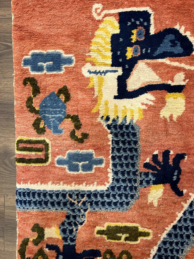 Rare Chinese Ningxia Pillar Rug 3x8, Late Qing Dynasty, 5 Clawed Dragon, Cloud Rainbow Border, Collectible Antique Carpet, Wool Hand Knotted by Jewel Rugs