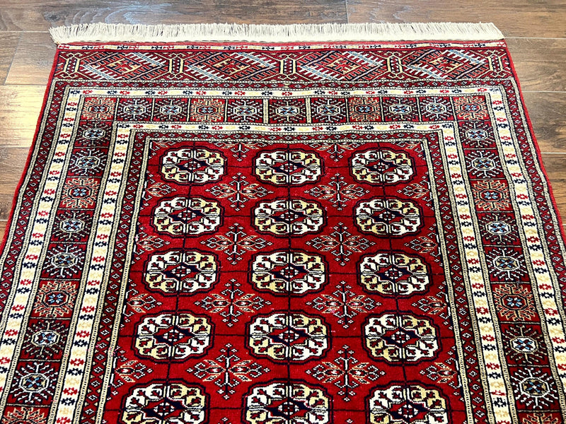 Pakistani Bokhara Rug 4x6, Red Turkoman Carpet, Finely Hand Knotted, Wool Vintage Rug by Jewel Rugs