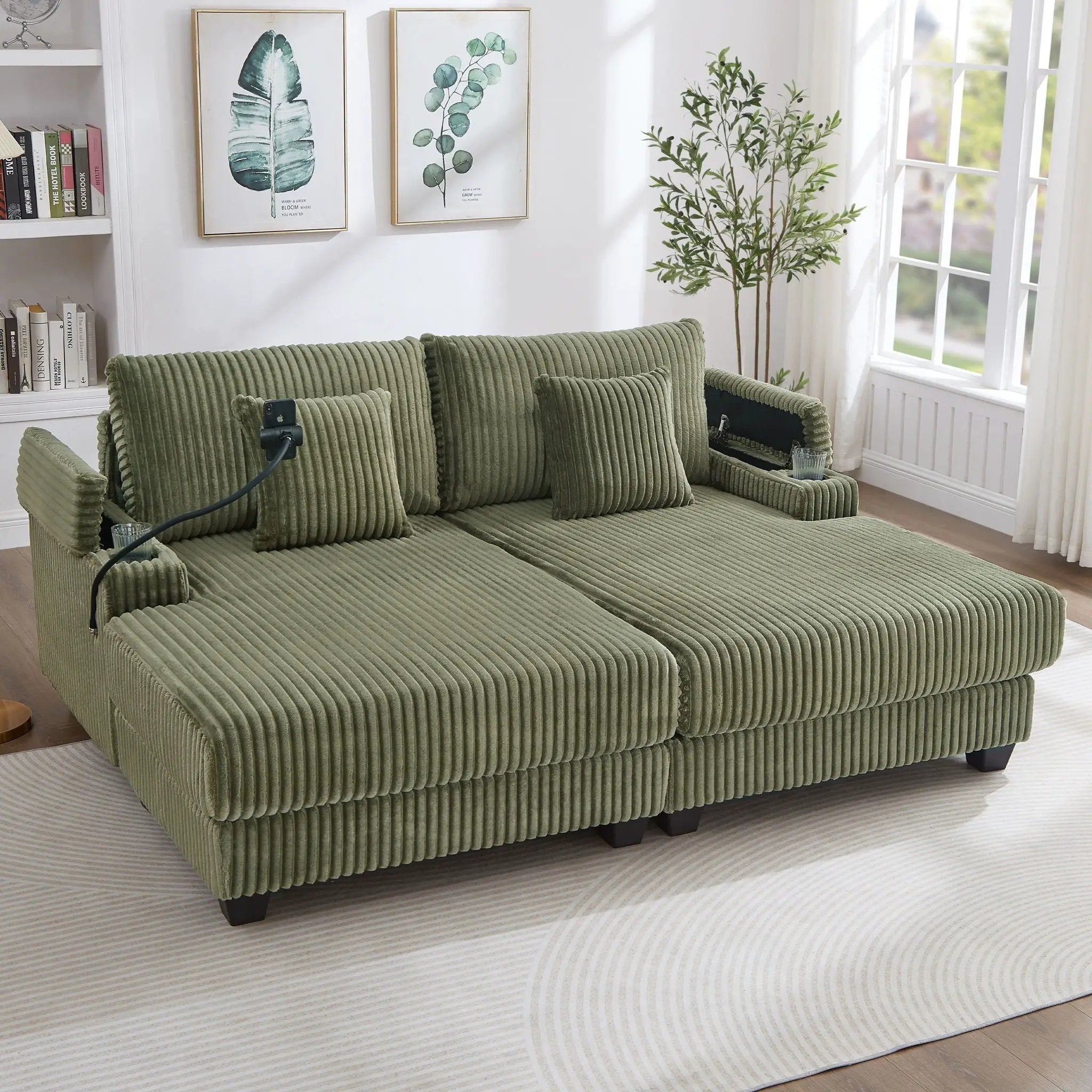 Modern Chaise Sofa With Adjustable Backrest, Cup Holders, Phone Holder & Storage Compartments by HouseOfZazla