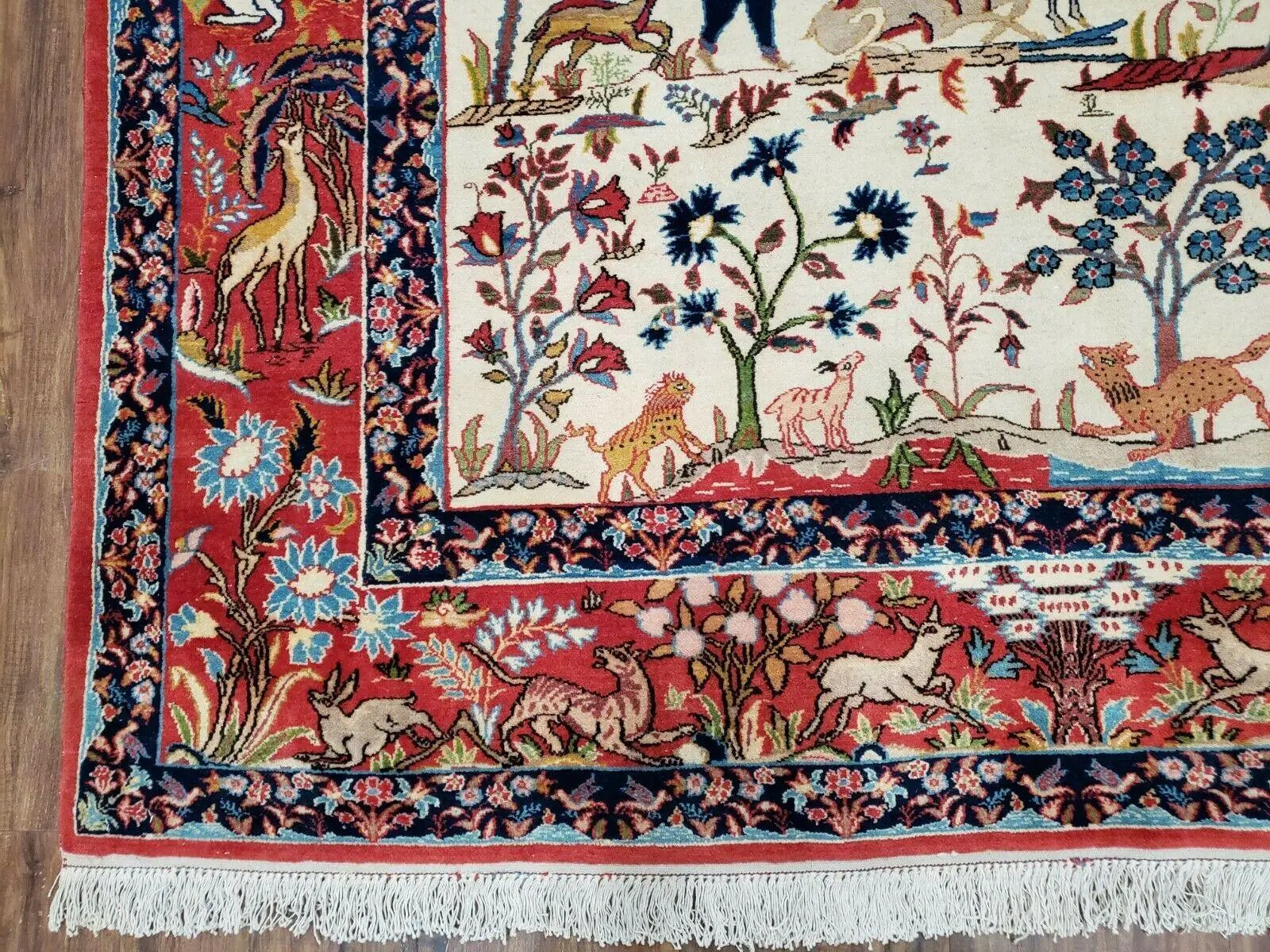 Antique Persian Isfahan Rug 5x7, Animal and Human Pictorials, Hand Knotted Fine Oriental Wool Carpet, Cream and Red, High KPSI, Vintage Rug 5 x 7 ft by Jewel Rugs