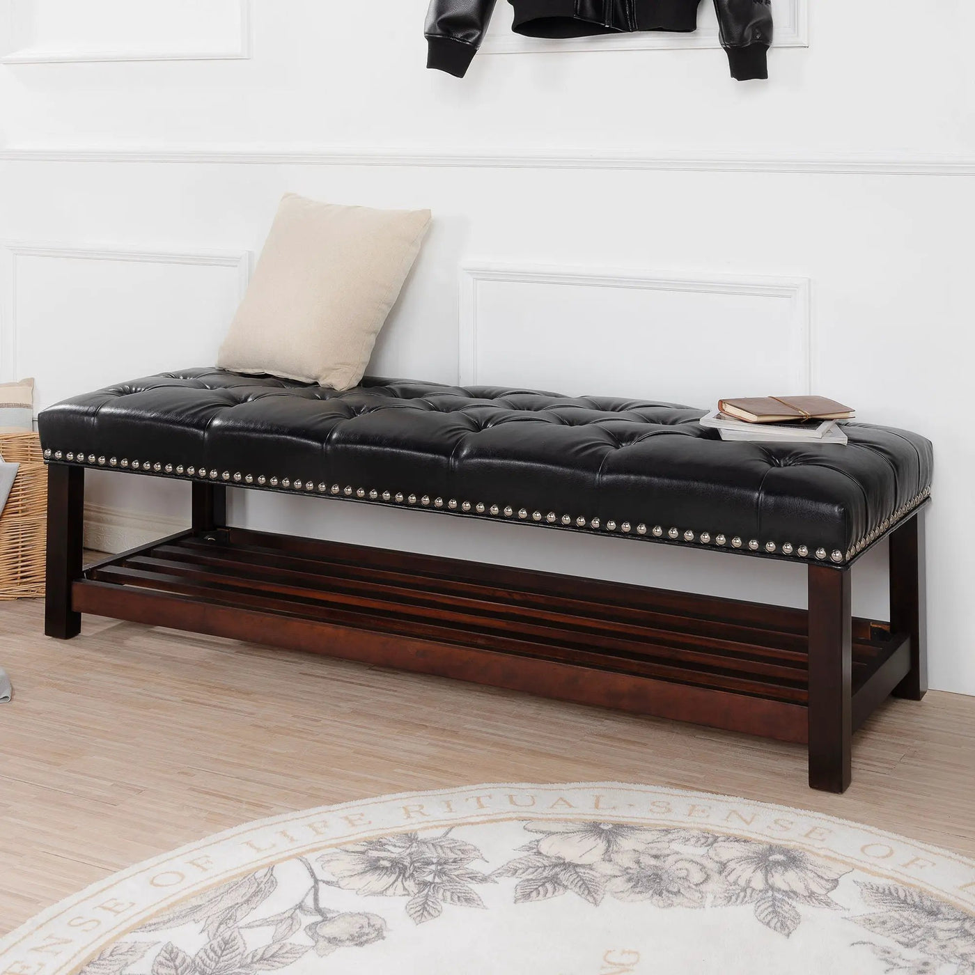 Bedroom End Of Bed Bench Tufted Upholstered End Of Bed Bench End Of Bed Entrance Shoe Bench With Nailhead Trim And Shelf Bedroom Upholstered Bench Living Room Shoe Rack Footstool by HouseOfZazla