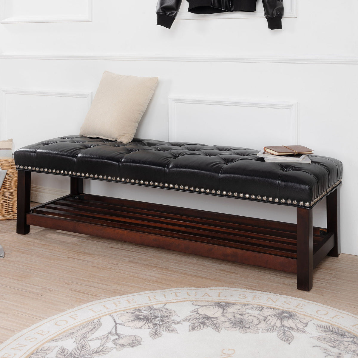 Tufted Upholstered End of Bed Bench with Nailhead Trim - Faux Leather, photo 4 of 8