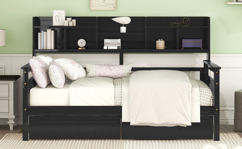 Daybed, Slat Support, With Bedside Shelves And 2 Drawers by HouseOfZazla