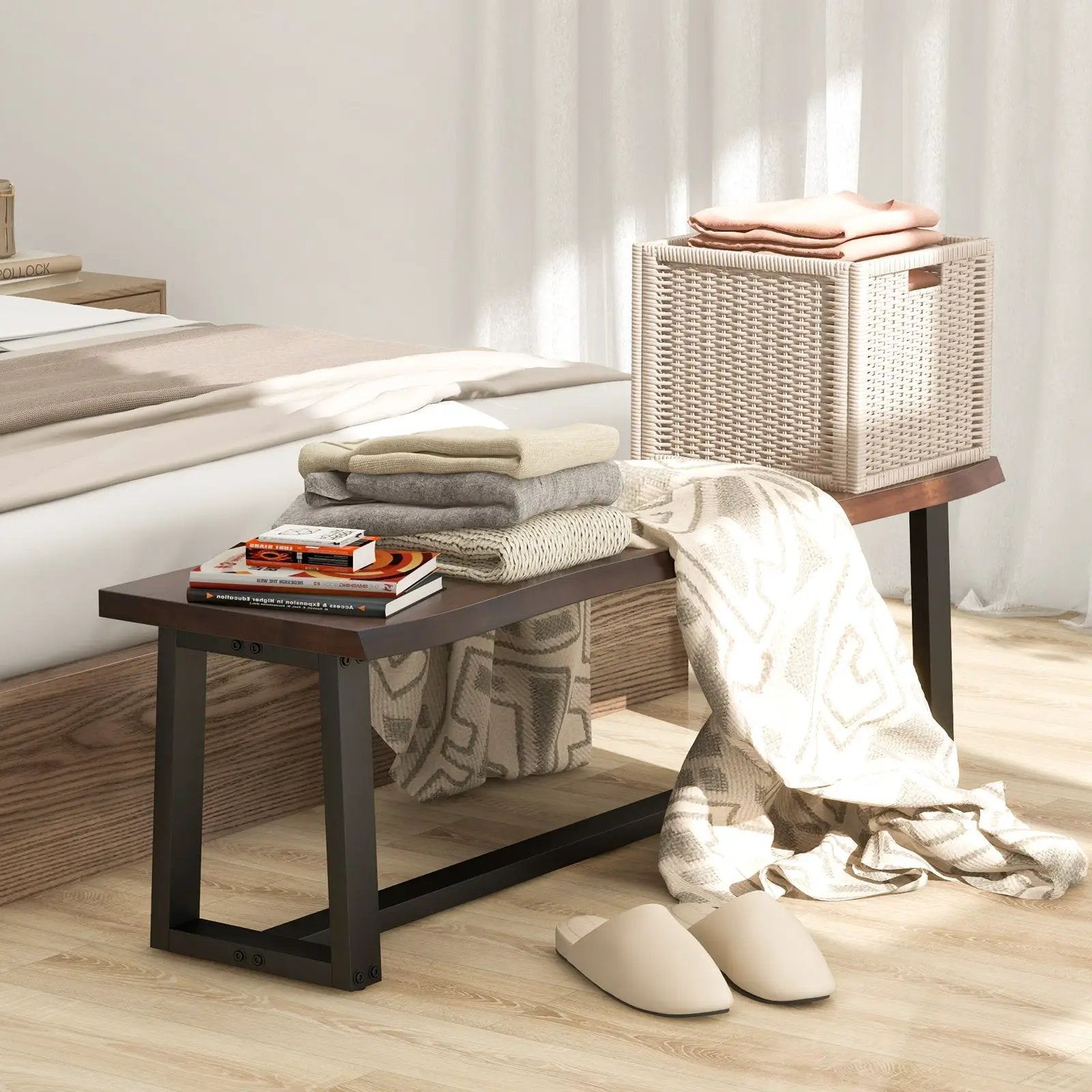 56.5 Inches Wood Dining Bench with Wavy Edge and Adjustable Footpads-Coffee by DirectDeals