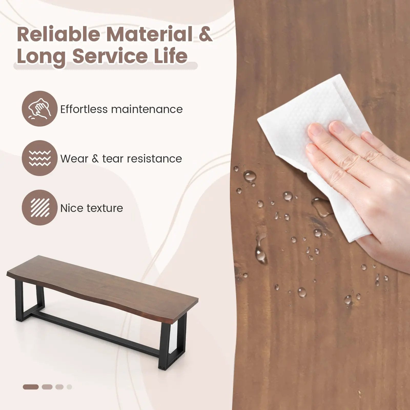 56.5 Inches Wood Dining Bench with Wavy Edge and Adjustable Footpads-Coffee by DirectDeals