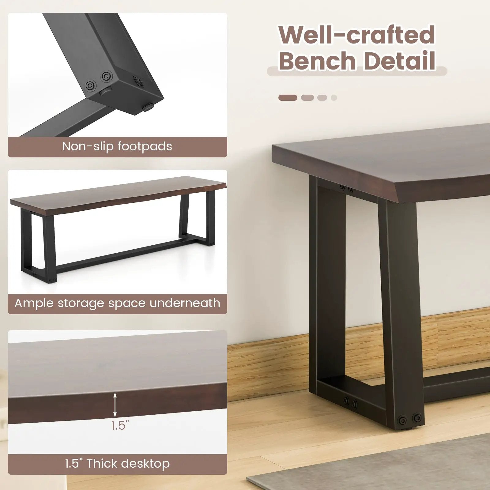 56.5 Inches Wood Dining Bench with Wavy Edge and Adjustable Footpads-Coffee by DirectDeals