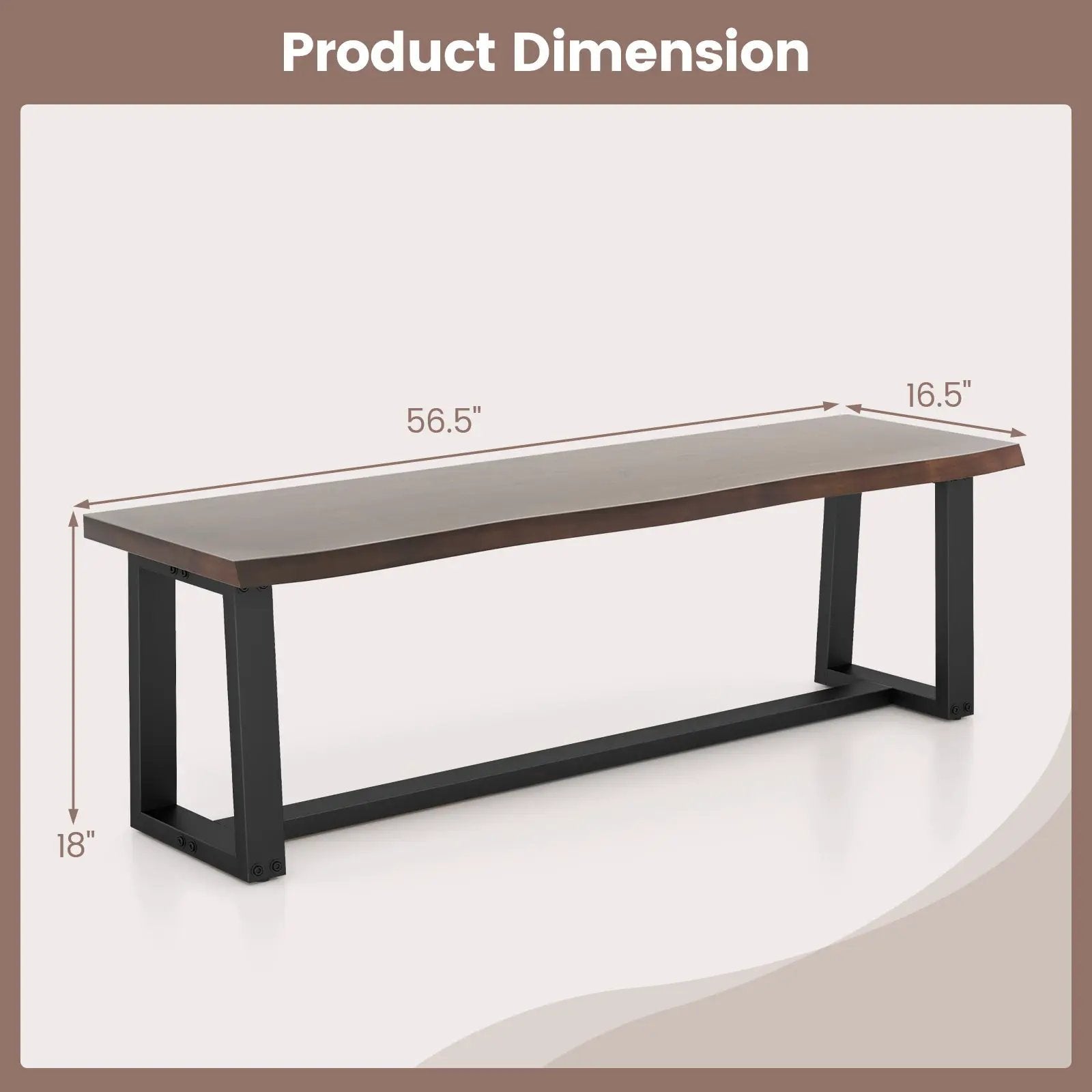 56.5 Inches Wood Dining Bench with Wavy Edge and Adjustable Footpads-Coffee by DirectDeals