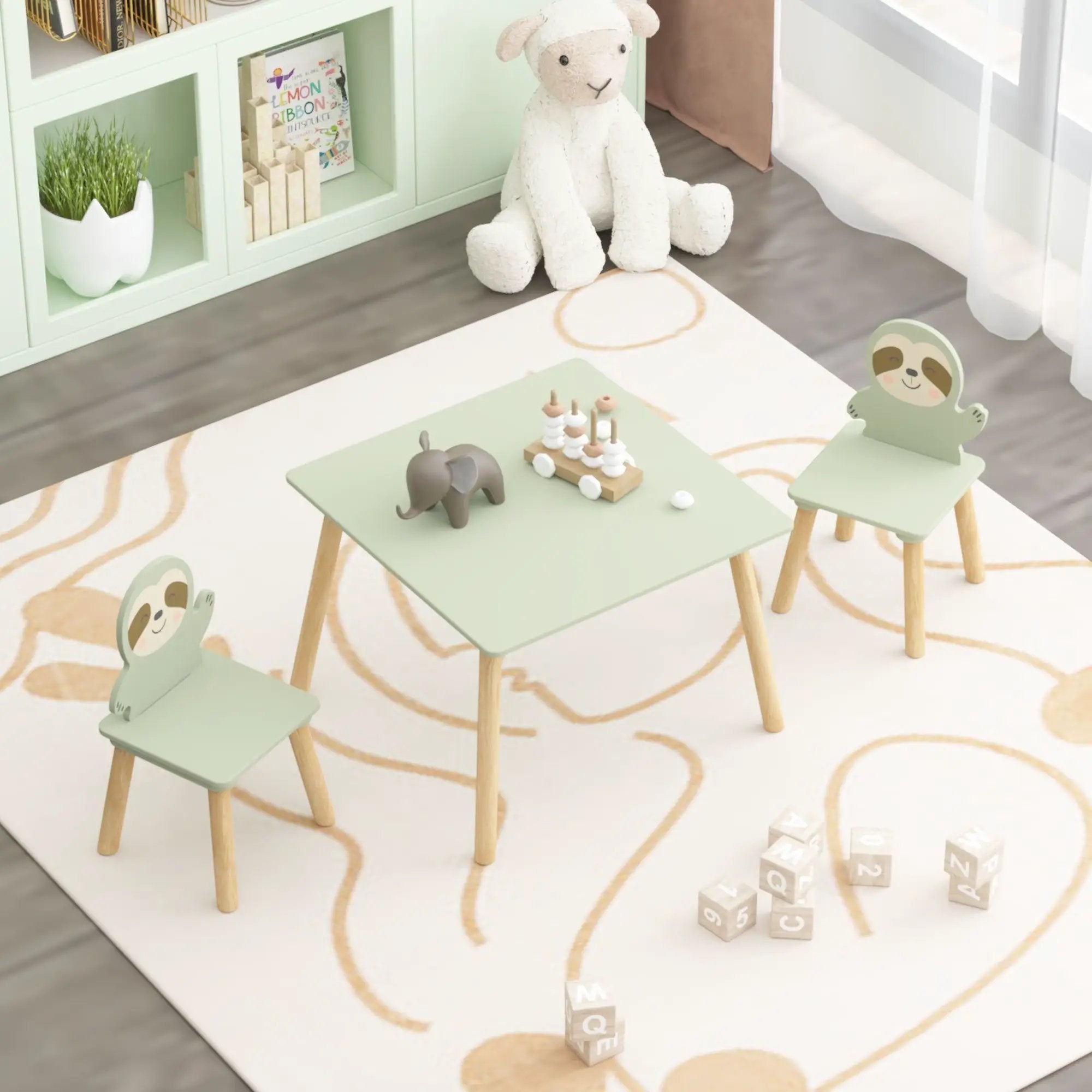Sloth Themed Table And Chair Set With 2 Cute Animal Chairs - Natural Wood / Sage Green by Unique Piece Furniture