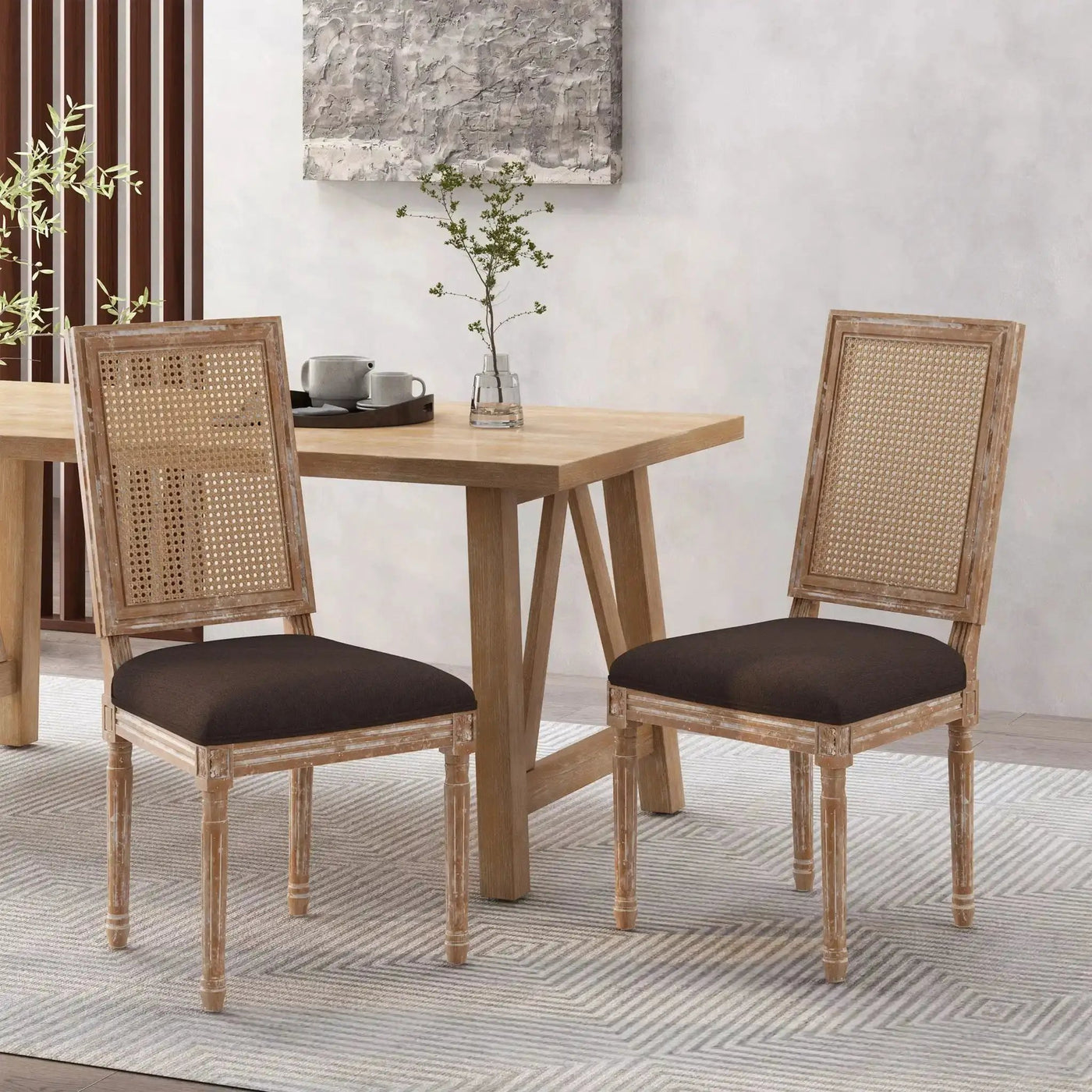 French Country Dining Chair With Rectangular Cane Backrest And Smooth Upholstered Seating by HouseOfZazla