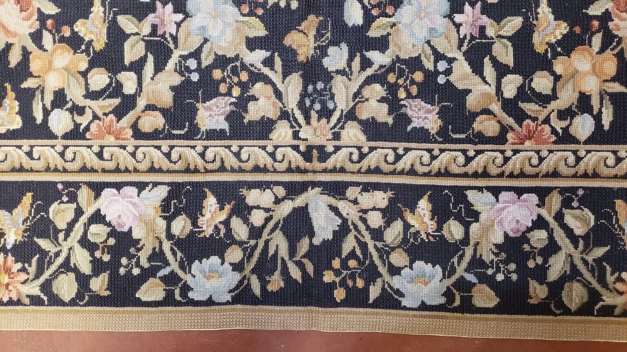 6x9 Vintage Needlepoint Rug, Petitepoint Carpet, Butterflies Floral Design by Jewel Rugs