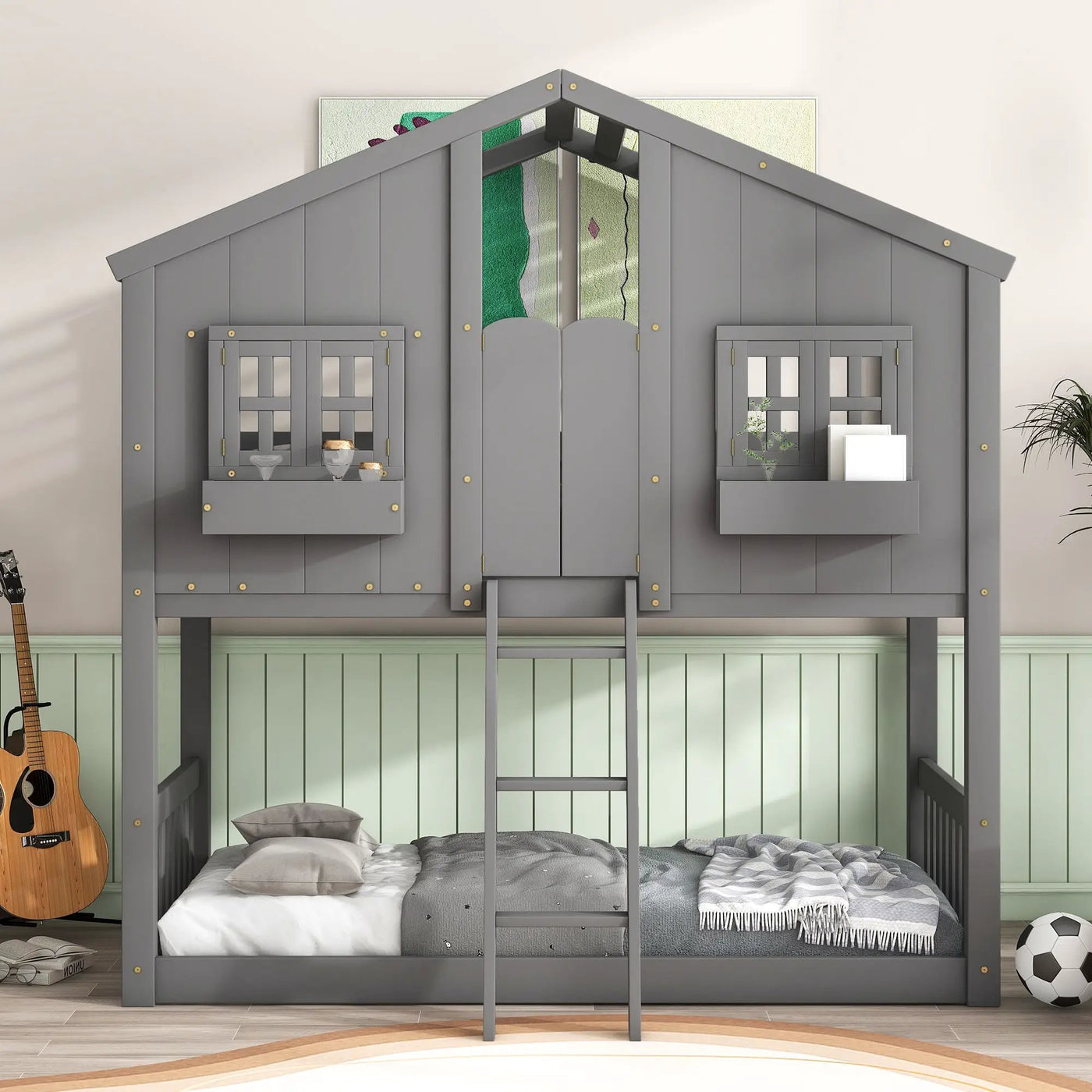 House Bunk Bed With Roof, Window, Window Box, Door, With Safety Guardrails And Ladder by HouseOfZazla
