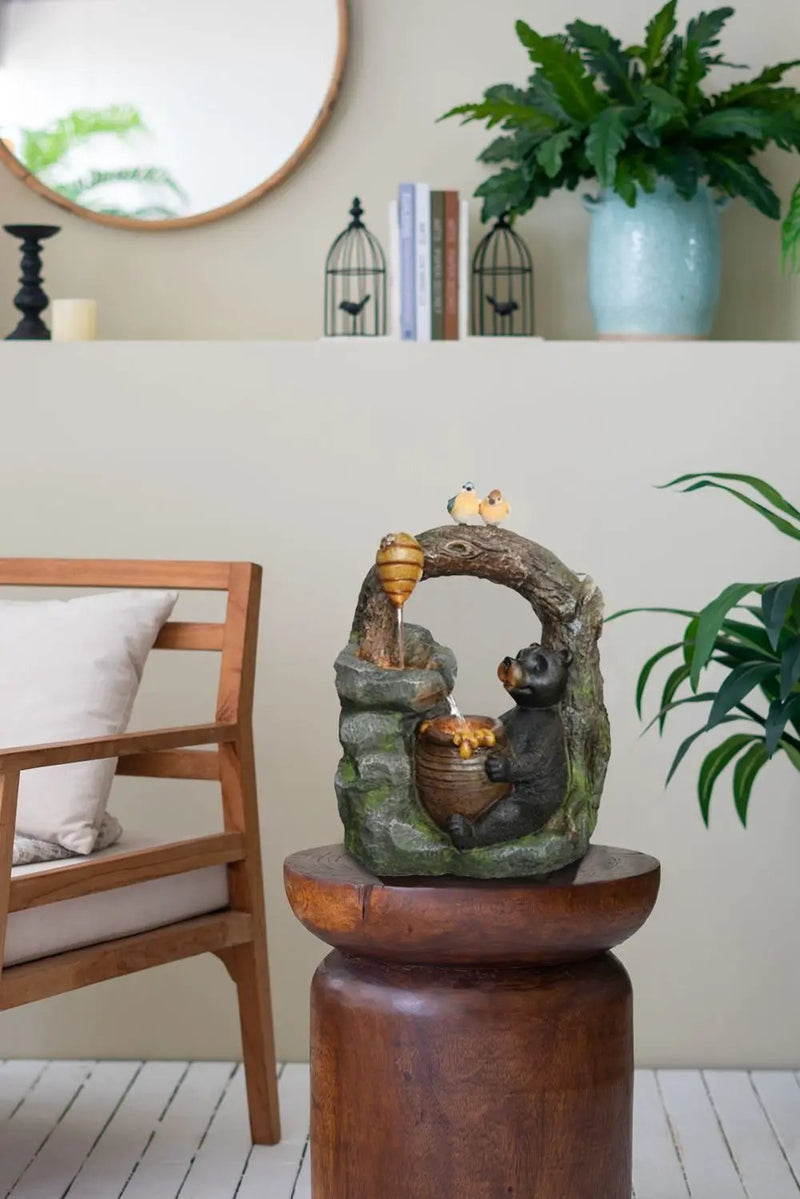 Decorative Two Tiered Water Fountain With Woodland Animal Design, Outdoor Fountain With Light And Pump - Dark Gray by Unique Piece Furniture