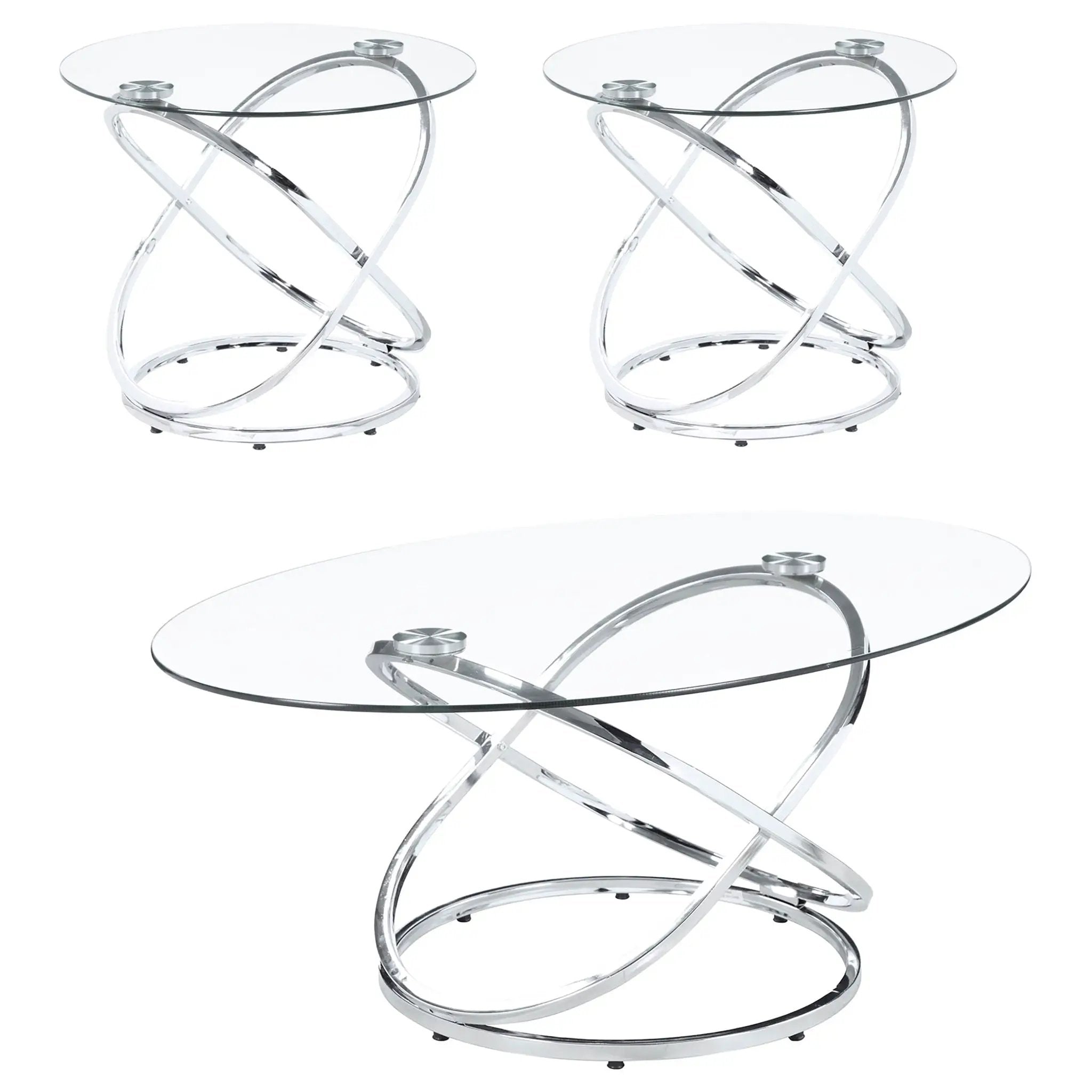Warren 3-piece Oval Glass Top Coffee Table Set Chrome by Unique Piece Furniture