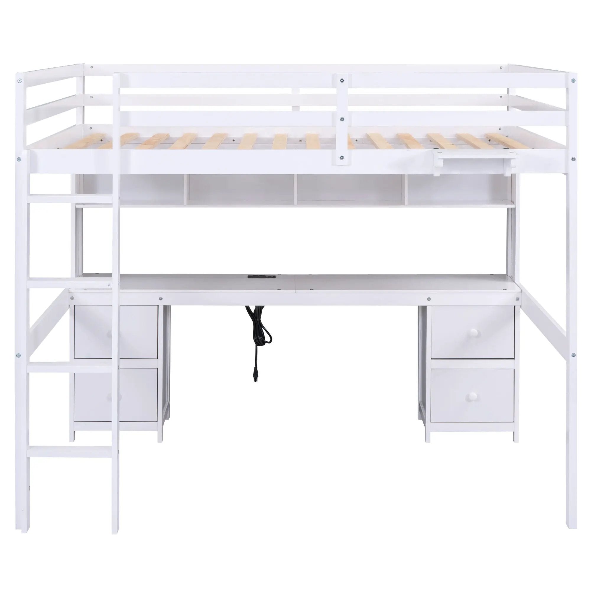 Full Size Loft Bed With Desk, Cabinets, Drawers, Charging Station And Bedside Tray, Sturdy Frame, No Box Spring Required - White by HouseOfZazla