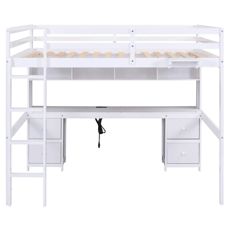Full Size Loft Bed With Desk, Cabinets, Drawers, Charging Station And Bedside Tray, Sturdy Frame, No Box Spring Required - White by HouseOfZazla