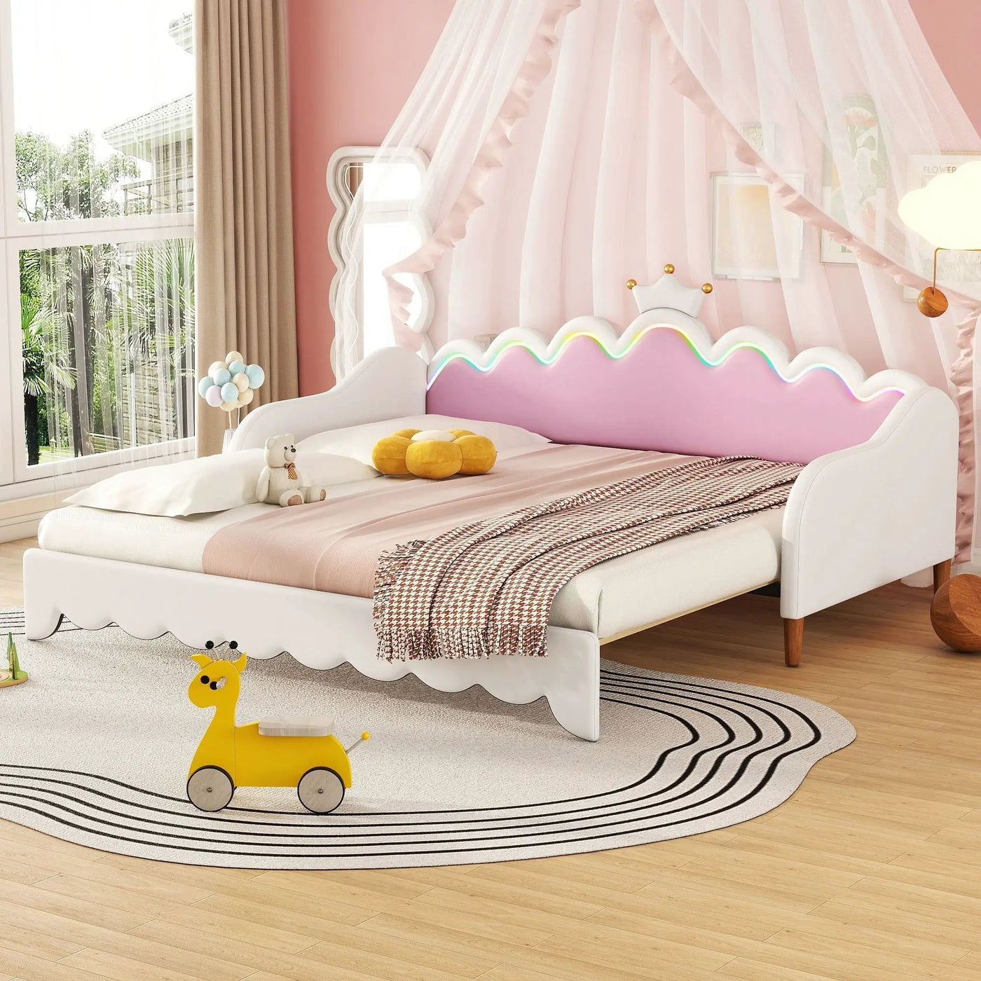 Extending Daybed With LED Lights, Modern Upholstered Princess Daybed With Crown Headboard by HouseOfZazla