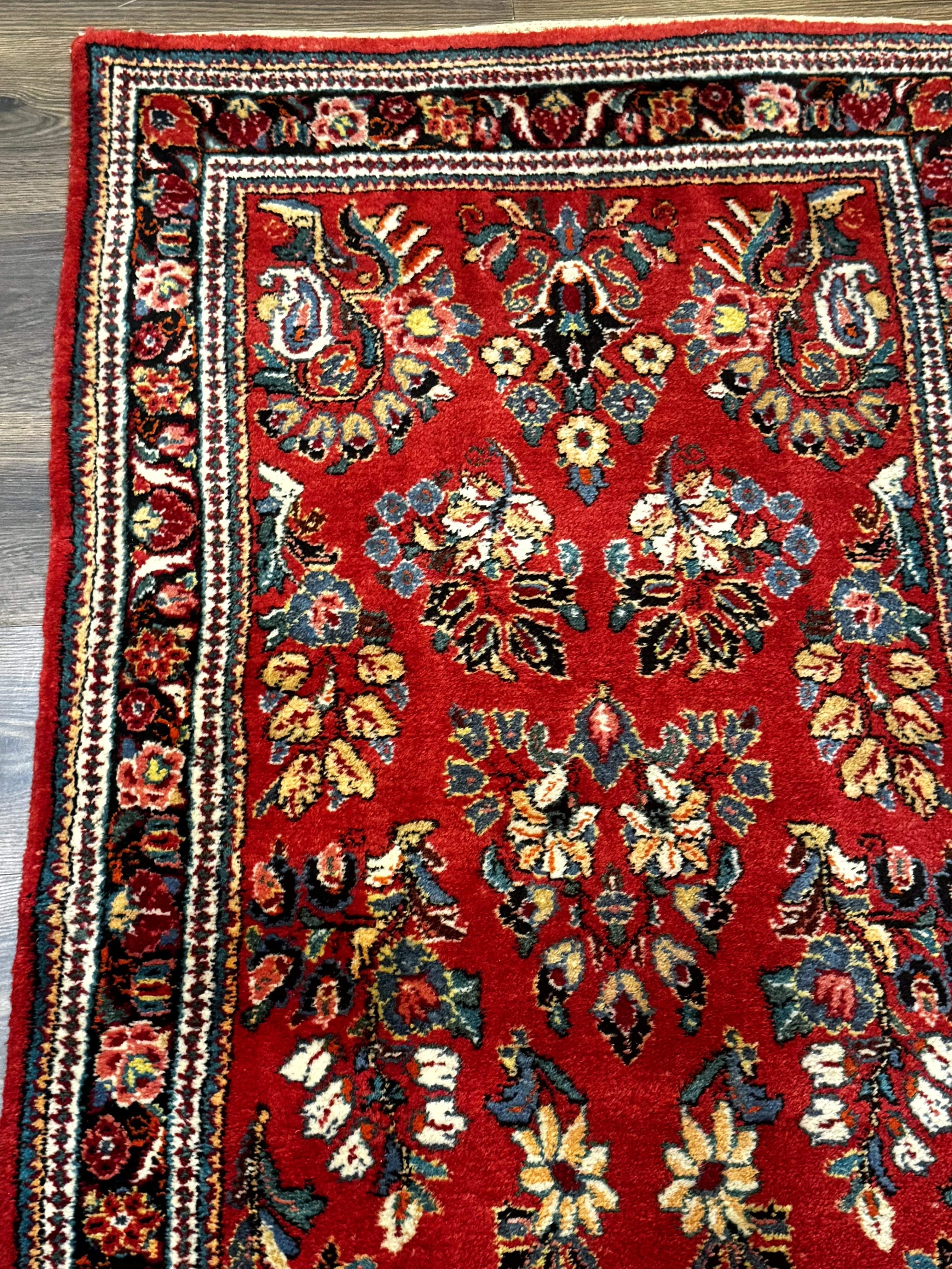 Persian Sarouk Runner Rug 3x12, Red Floral 3 x 12ft Runner, Vintage, Wool by Jewel Rugs
