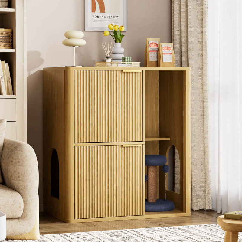 31.5-inch Light Wood Cat Litter Cabinet with Cat Tree by HouseOfZazla