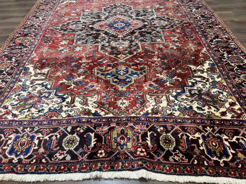 Antique Persian Heriz Rug 8x11, Geometric Tribal Wool Carpet, Brick Red by Jewel Rugs