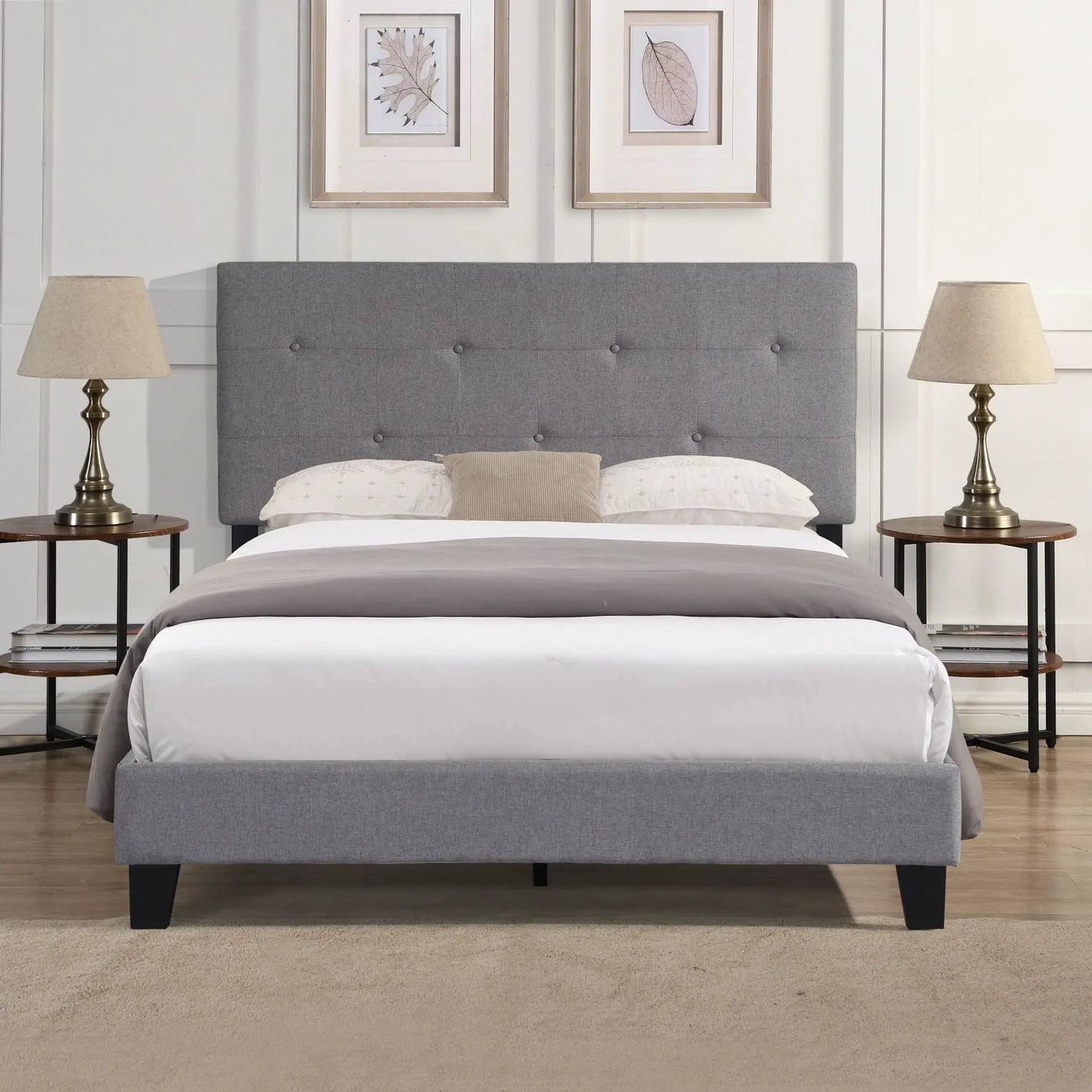 Modern Upholstered Platform Bed Frame With Button Tufted Headboard And Wood Slat Support by HouseOfZazla