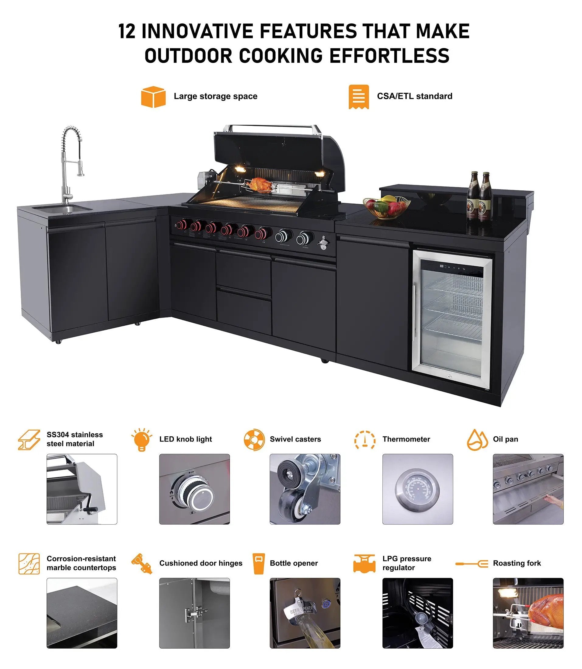 82.5" 6-Burner 83,500 BTU Black Outdoor Kitchen Island Grill Sink + Refrigerator by Chery Industrial