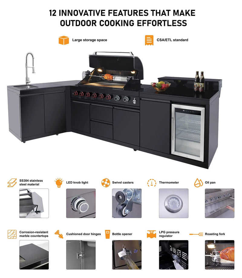 82.5" 6-Burner 83,500 BTU Black Outdoor Kitchen Island Grill Sink + Refrigerator by Chery Industrial
