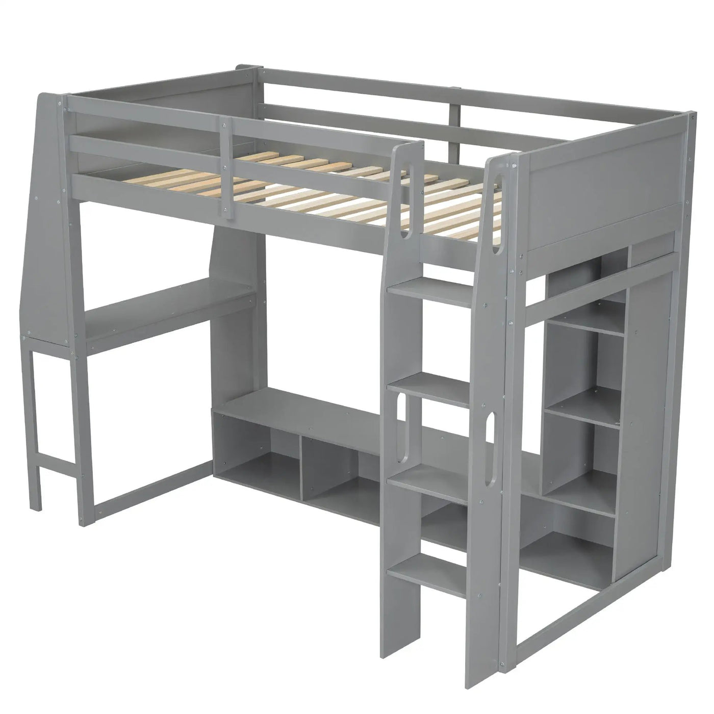 Gaming Loft Bed With Desk, Multi Storage Shelves, LED Lighting, And Hanging Clothes Rack by HouseOfZazla