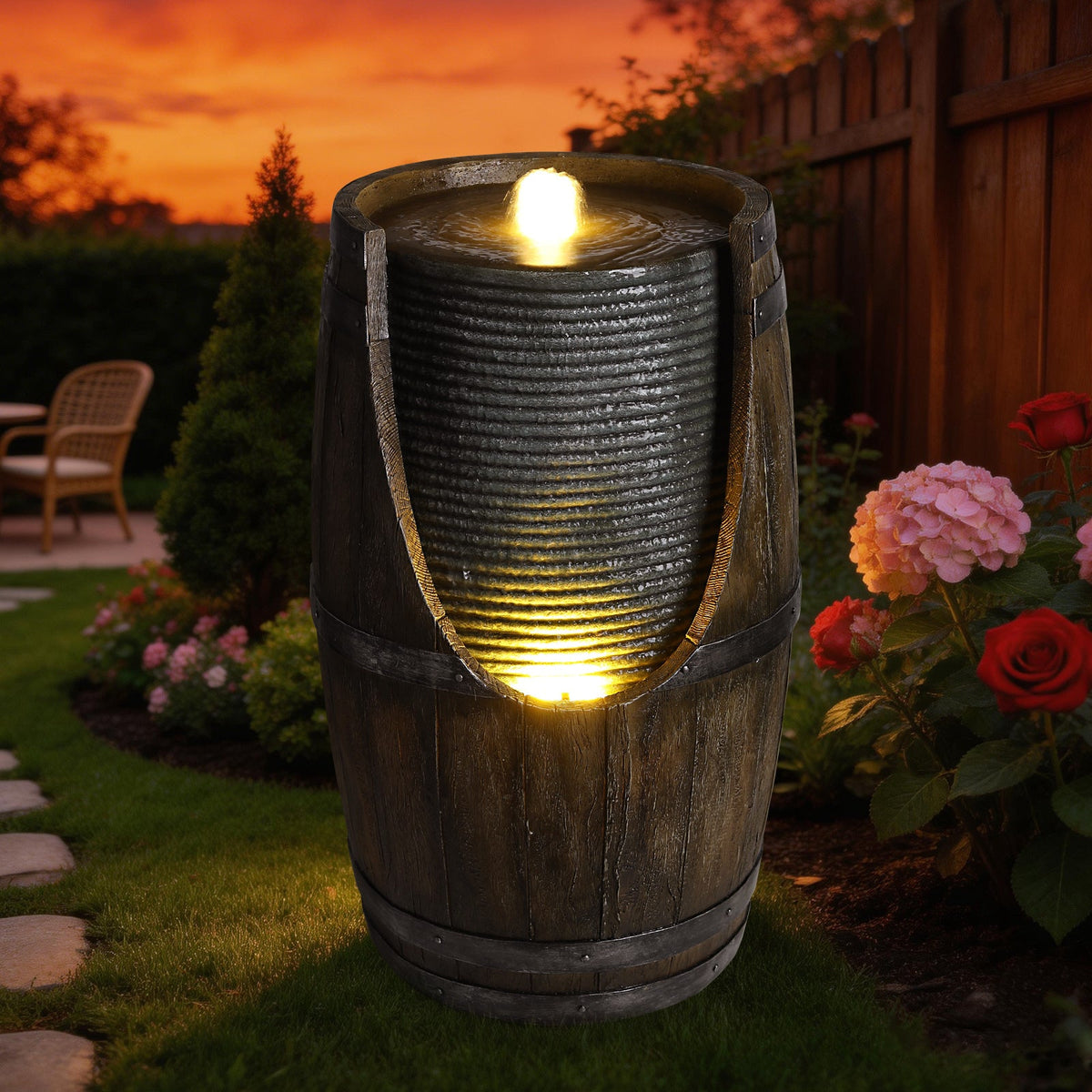 Resin Rustic Barrel Outdoor Water Fountain 24 Inch LED, photo 8 of 10