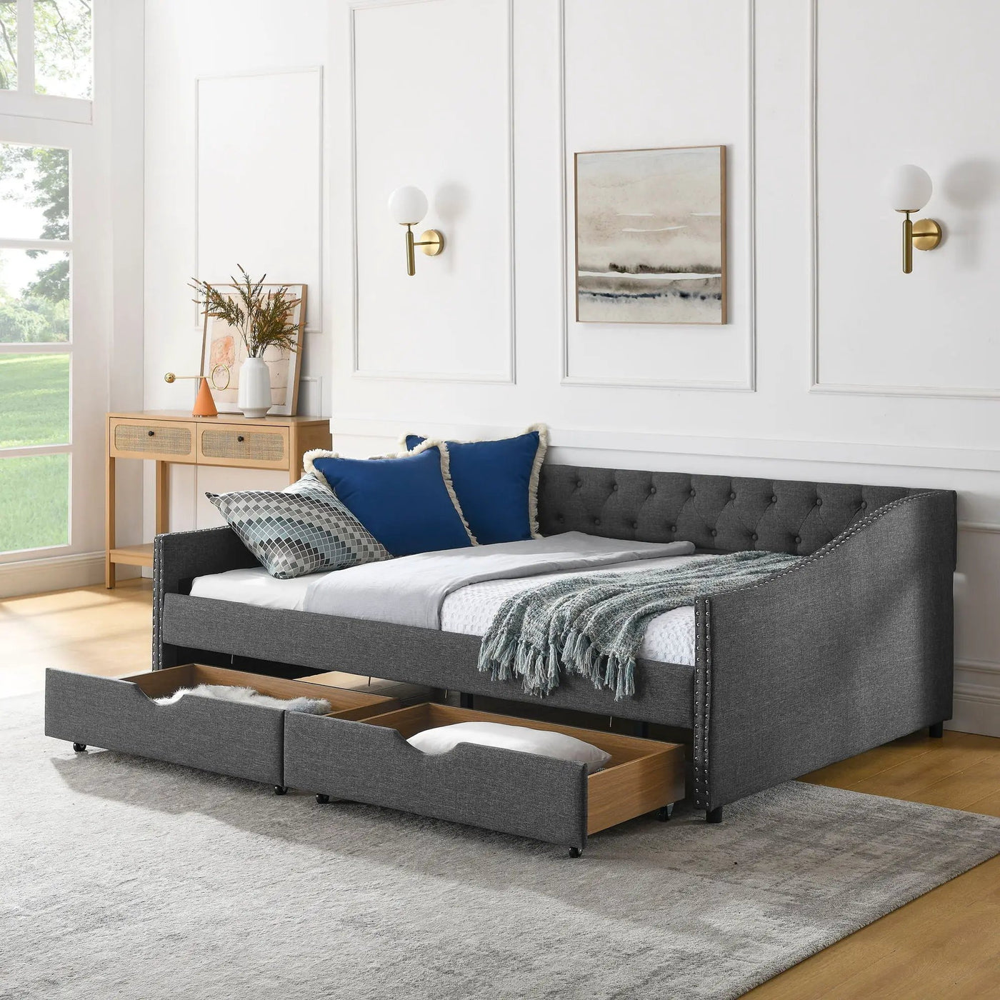 Upholstered Tufted Daybed With Drawers, Waved Arms by HouseOfZazla