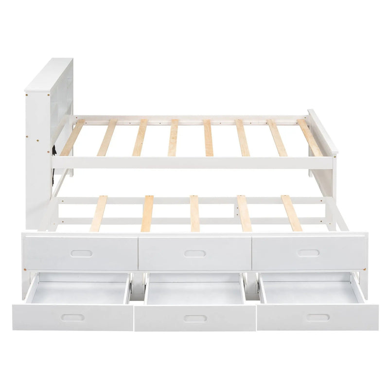 Platform Bed With Storage Headboard, USB, Trundle And 3 Drawers