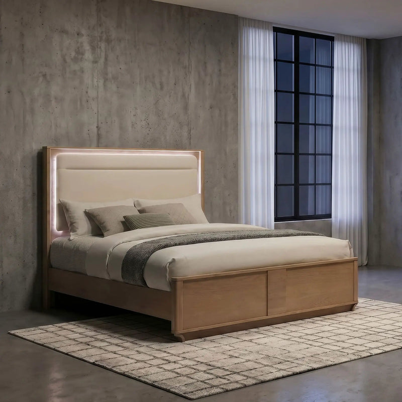 Leanne Eastern King LED Panel Bed Off White and Light Oak by Unique Piece Furniture